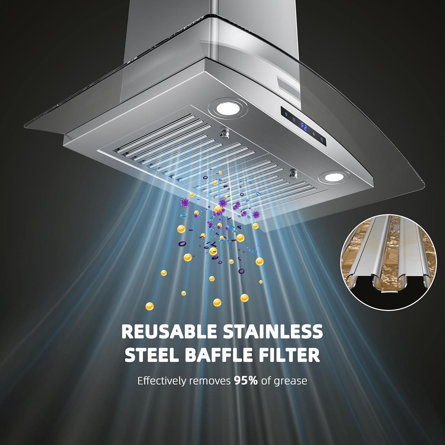 FIREGAS 30 inch Wall Mount Range Hood 600CFM with Ducted Exhaust Vent,3 Speed Fan,Soft Touch Controls,LED Lights,Permanent Filters in Stainless Steel,includes Charcoal Filter