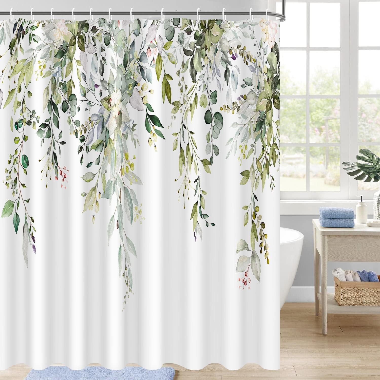 Eucalyptus Watercolor Leaves Semi-Sheer Waterproof Shower Curtain