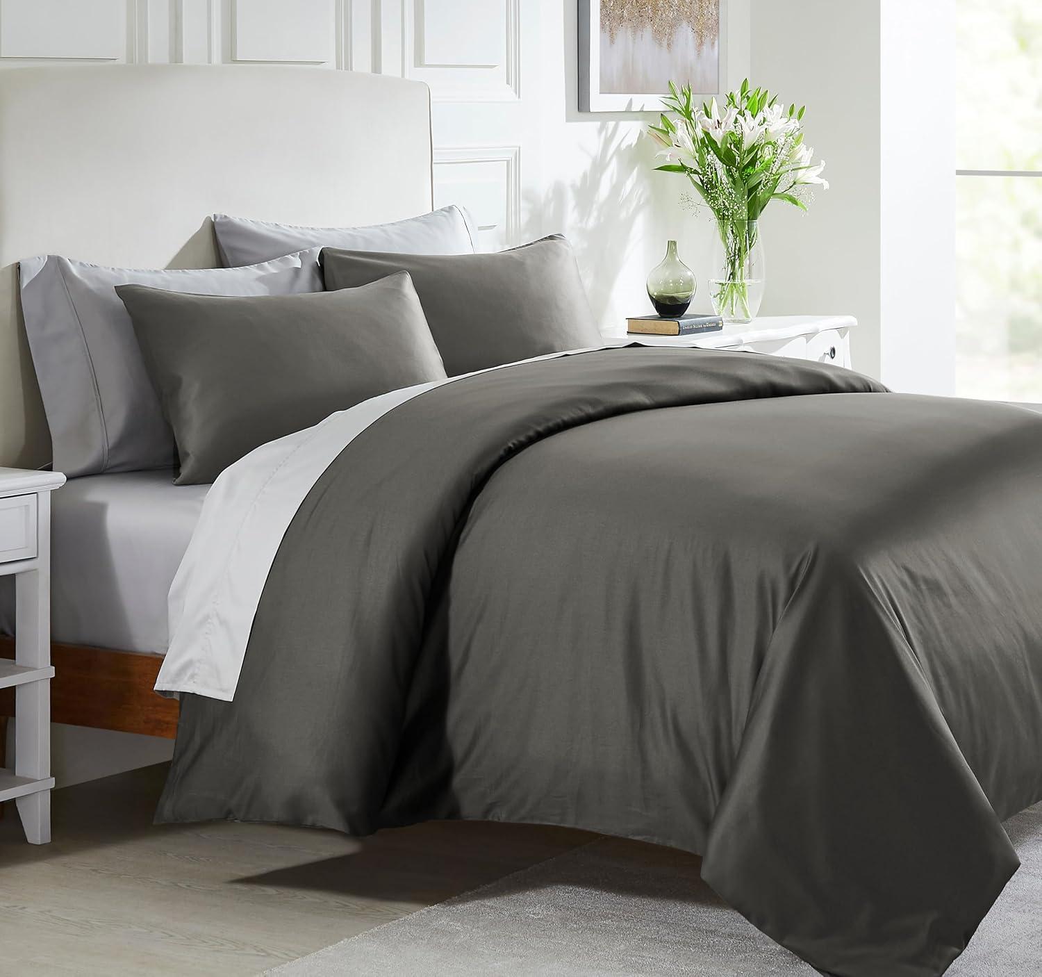 Gray Queen Cotton Sateen Duvet Cover Set with Button Closure