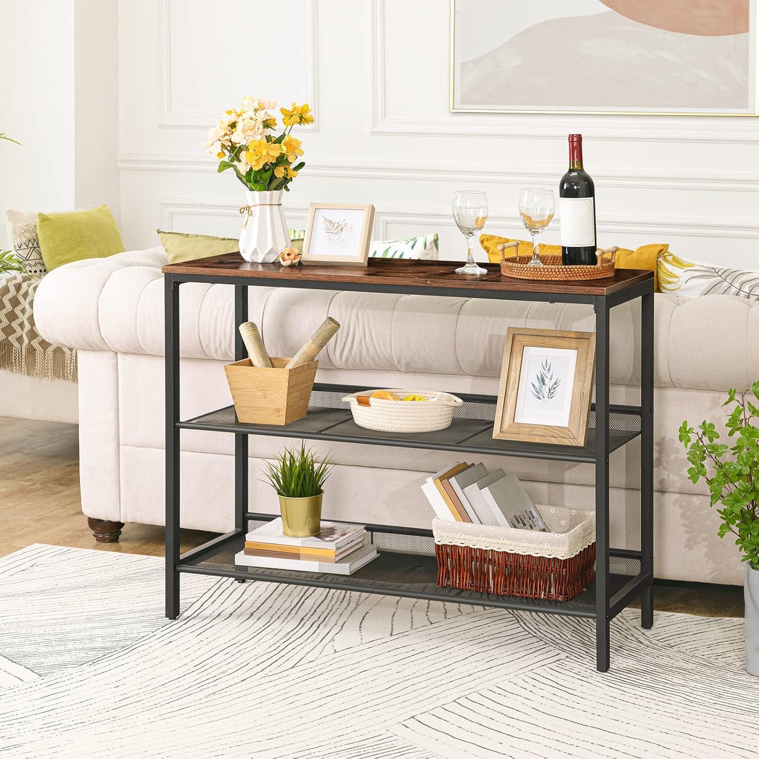 Rustic Brown and Black Console Table with Adjustable Mesh Shelves