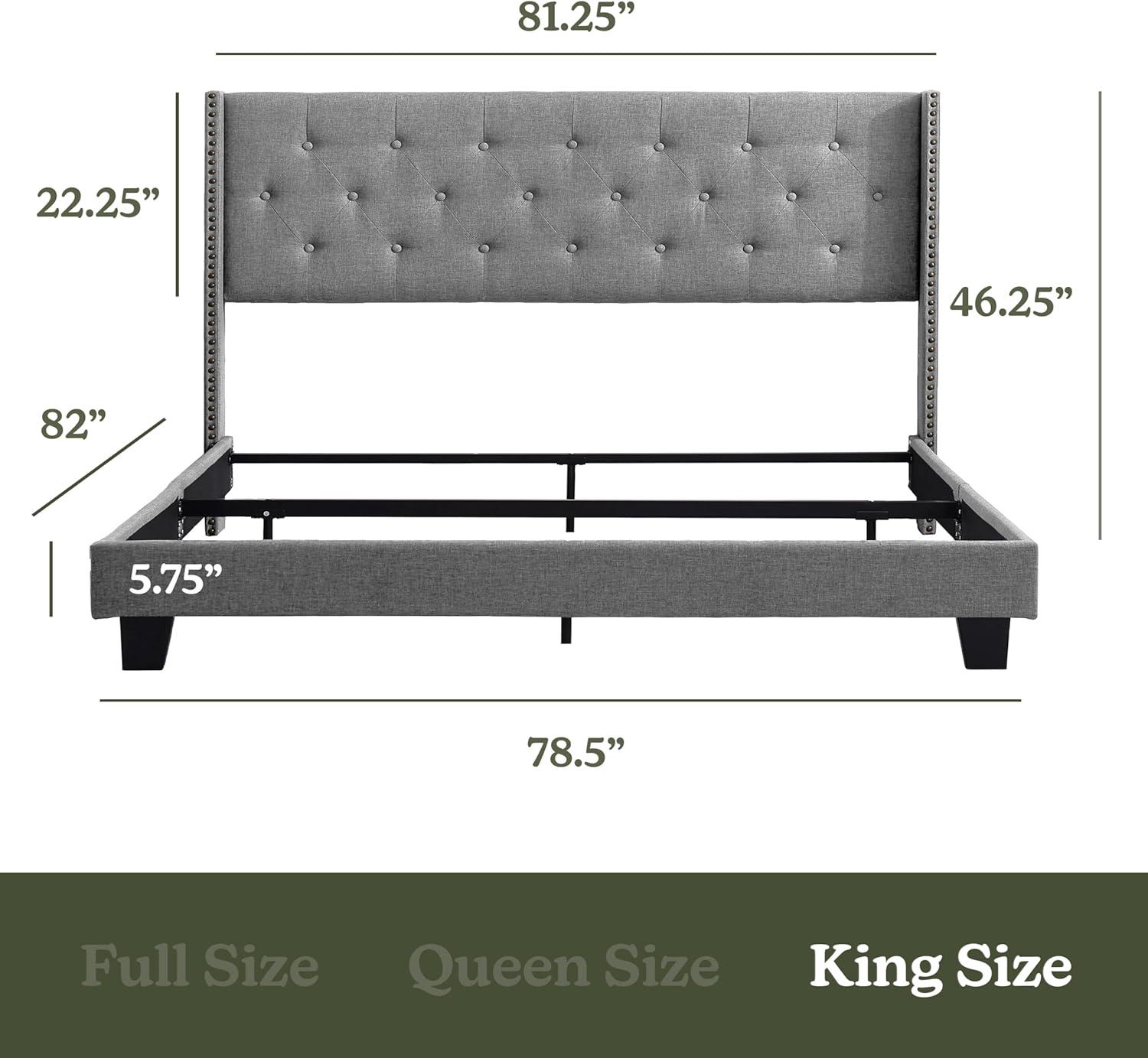 Bryt Wingback Diamond Upholstered Platform Bed, King Size Bed Frame with Headboard - Silver