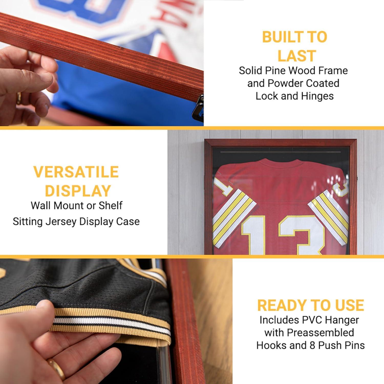 HBCY Creations 24x36 Mahogany Jersey Display Case - Solid Wood with UV Treated Acrylic Window - Anti-Theft Lock with 2 Keys - For All Types of Jerseys