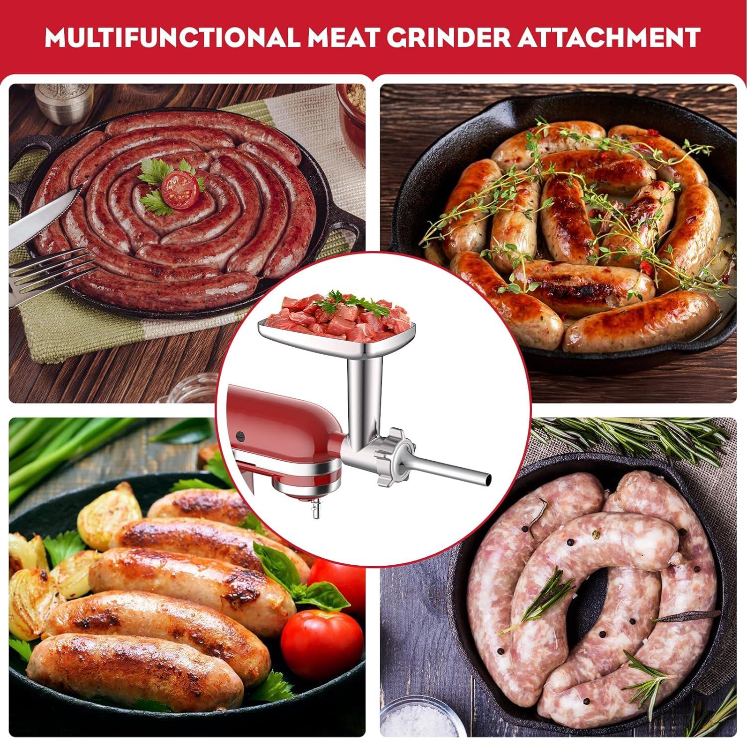 Meat Grinder & Stainless Steel Slicer Shredder Attachment for KitchenAid Stand Mixer, Includes Metal Food Grinder Attachment with Sausage Stuffer Tubes and Salad Machine Accessory by InnoMoon