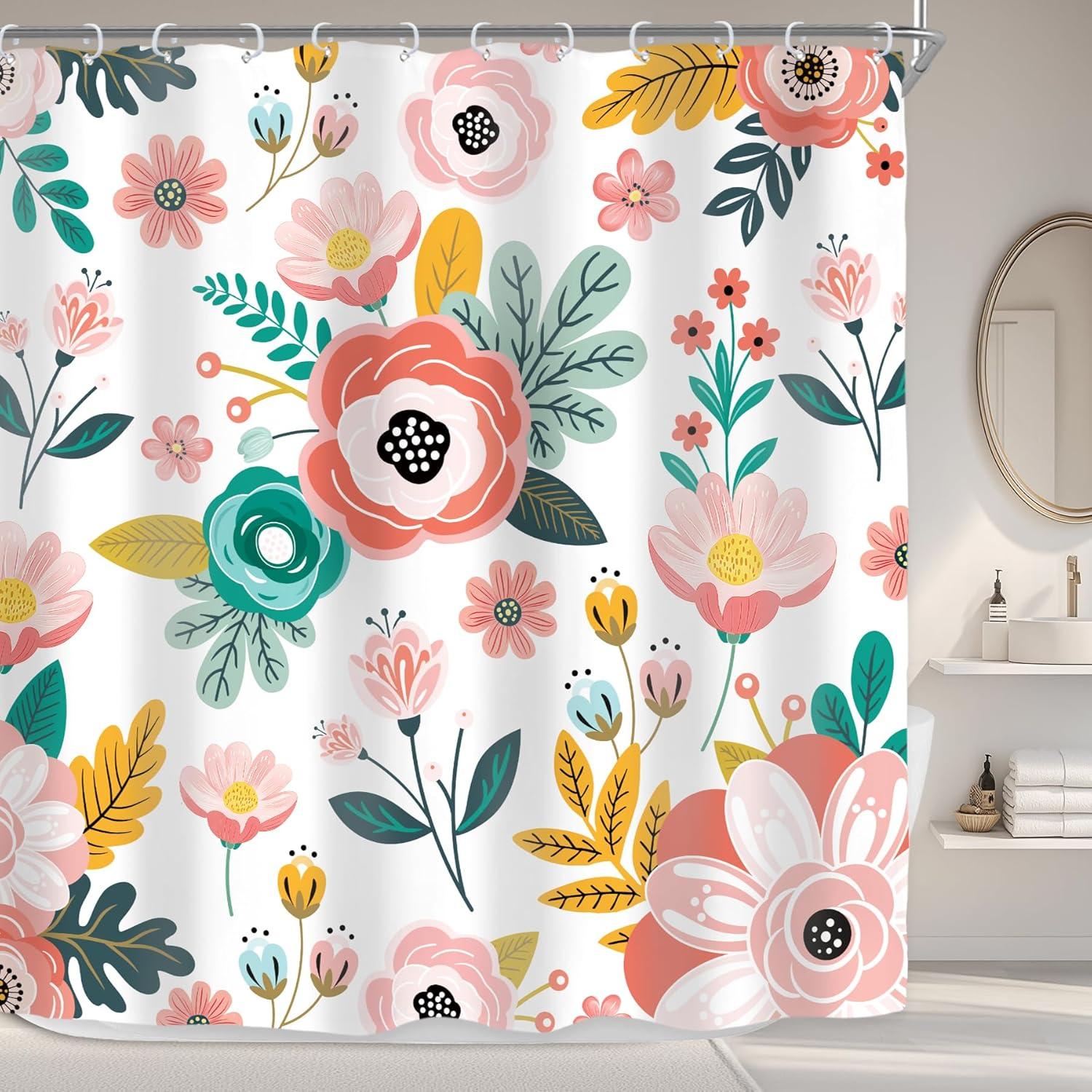 Red Barrel Studio® Pink Floral Shower Curtain For Bathroom Decor 72Wx72h Watercolor Colorful Flower Tropical Leaves Spring Botanical Sage Green Art Printed Fabric Polyester Waterproof 12 Pack Plastic Hooks