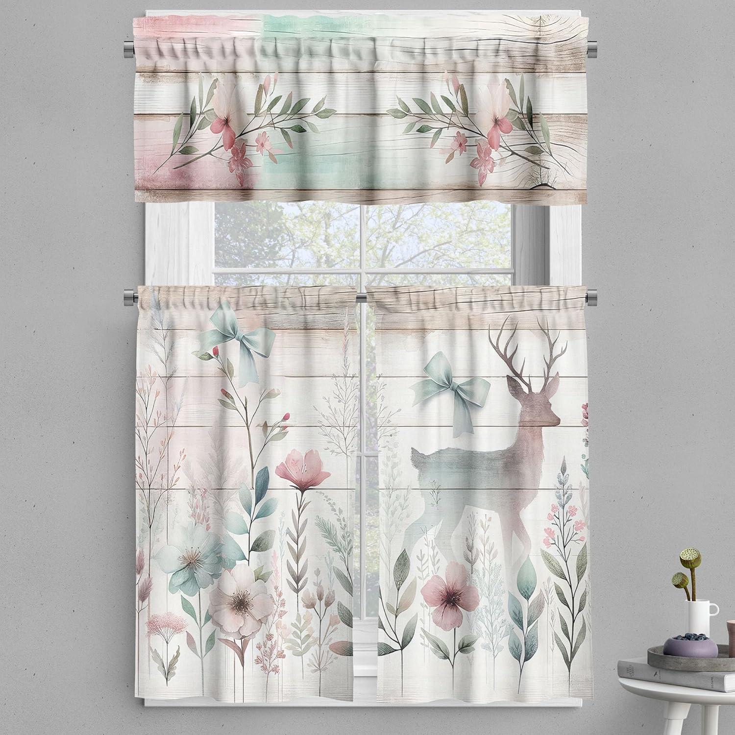 Floral Deer Print Blue Polyester Kitchen Curtain Set