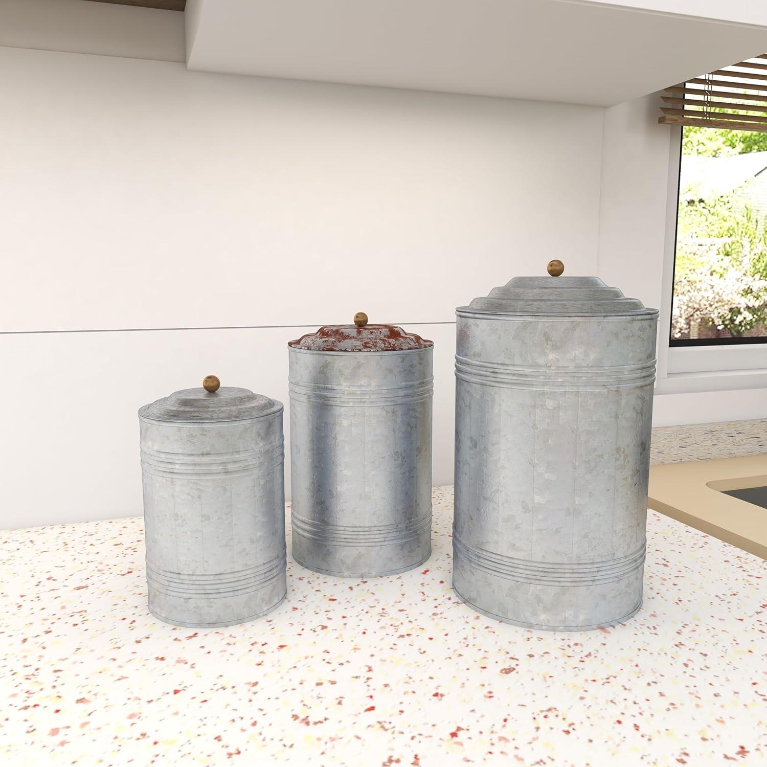 Olivia & May 3pc Decorative Galvanized Metal Canister Set Silver: Round Storage Containers with Lids