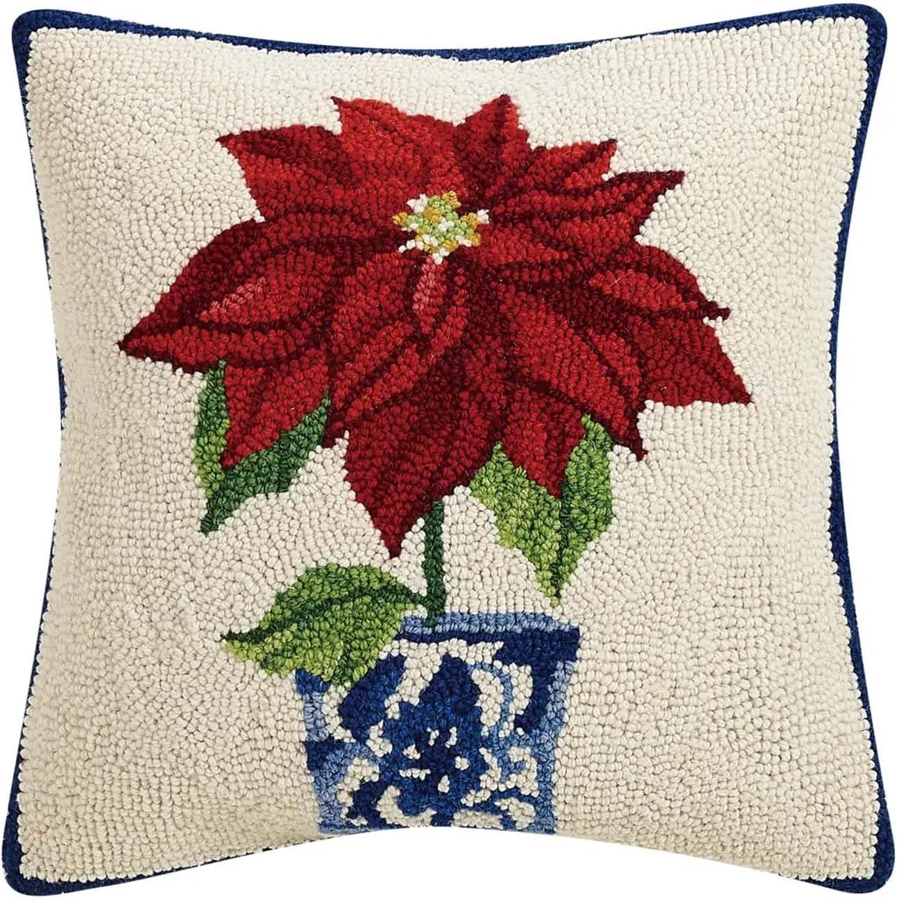 Holiday Chinoiserie Poinsettia Wool Hook Square Pillow