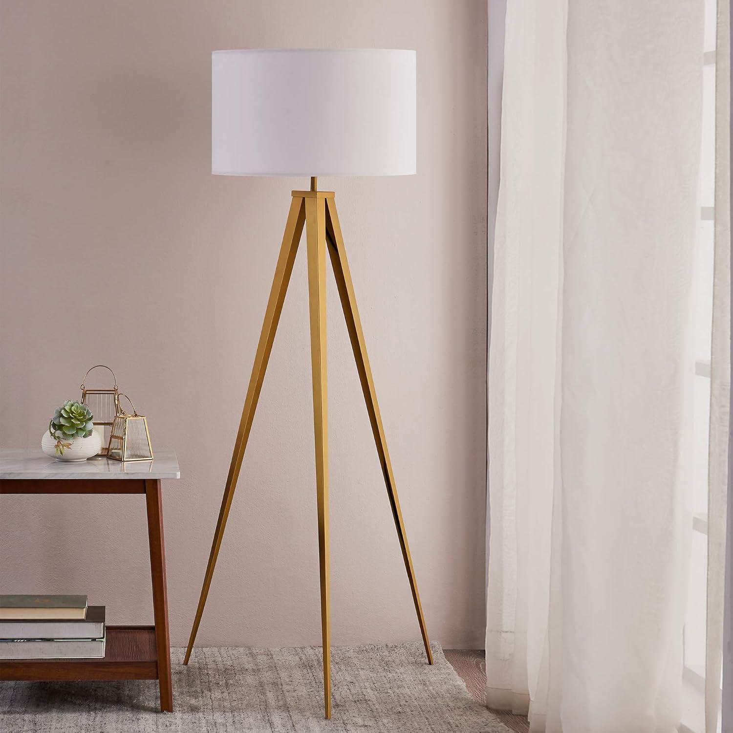 Teamson Home Tripod Floor Lamp Drum Shade Matte Gold/White Romanza VN-L00007WG