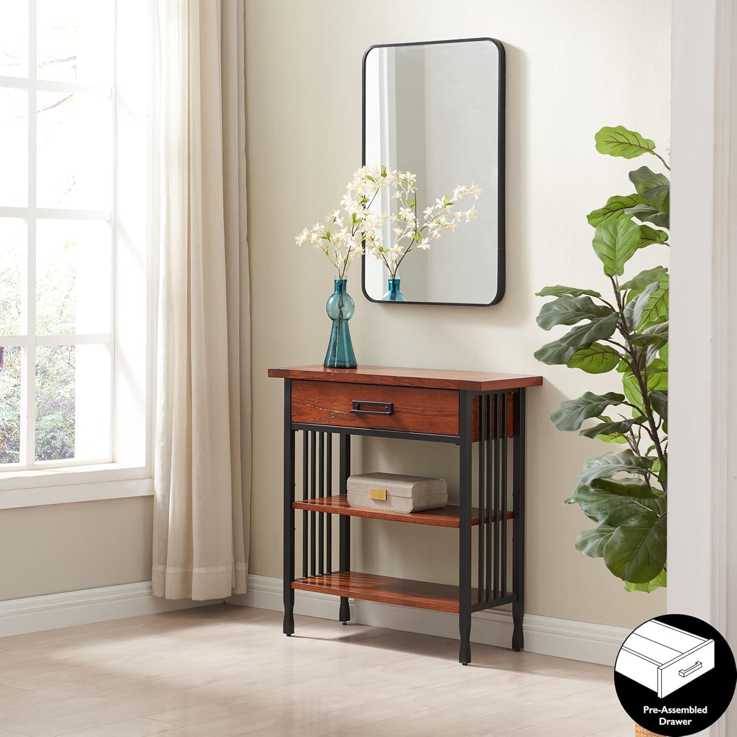 Leick Home 11261 Ironcraft Rustic Foyer Bookcase with Drawer Storage, Mission Oak and Black