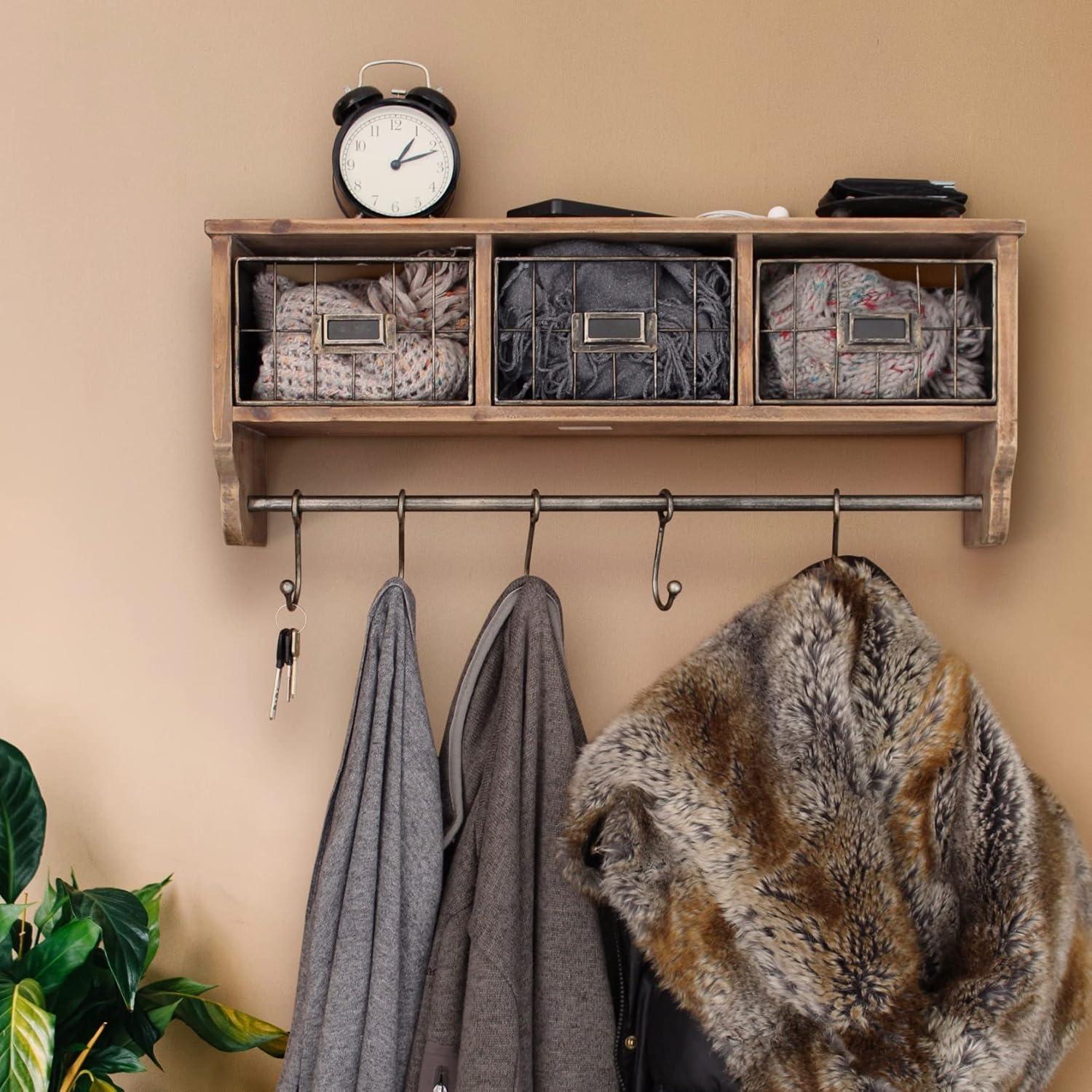 Rustic Brown 24" Wall Mounted Shelf with Hooks and Baskets