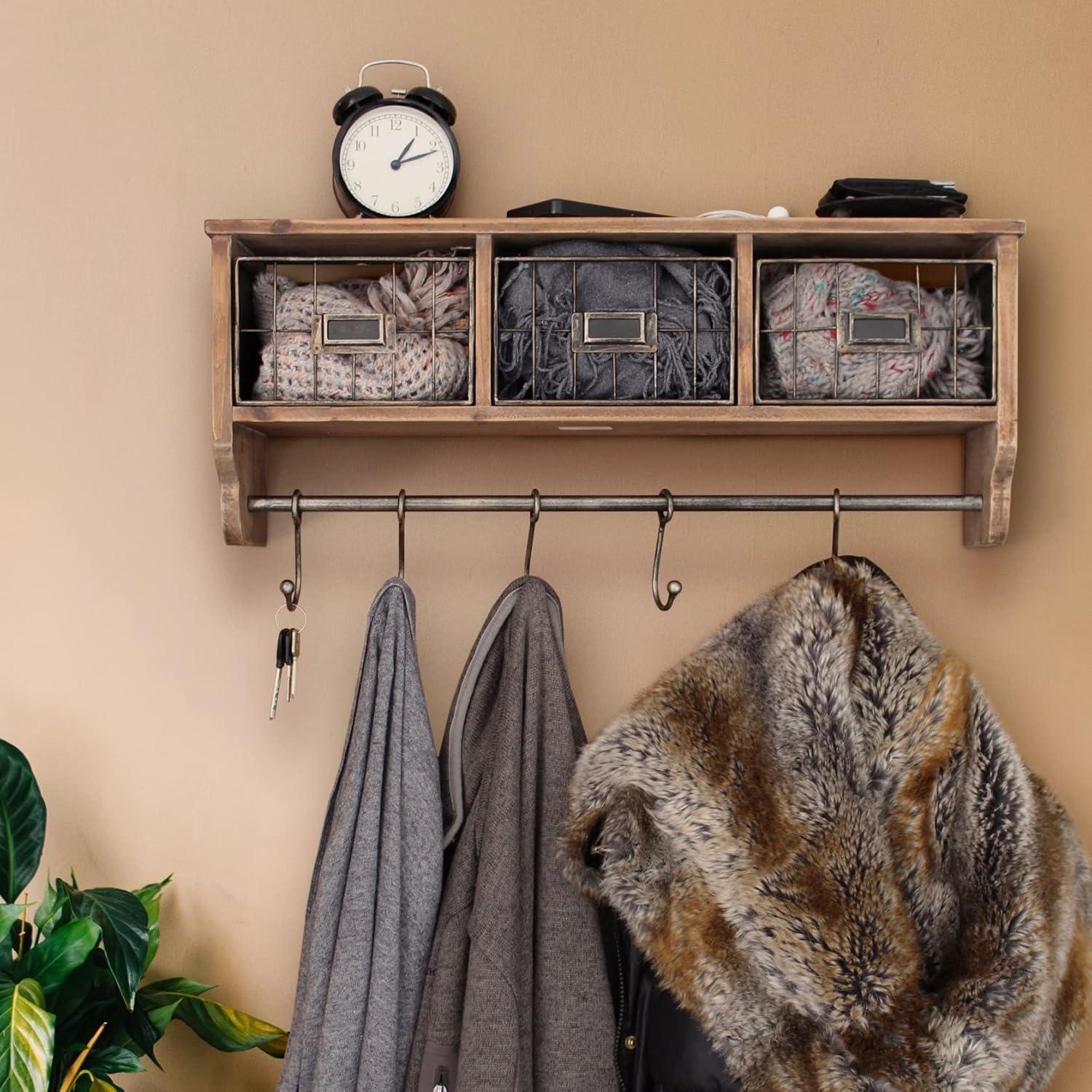 BizChair Rustic Coat Rack Wall Mounted Shelf with Hooks & Baskets, Entryway Organizer Wall Shelf with 5 Coat Hooks and Cubbies, (Rustic Brown, 24 Inch)