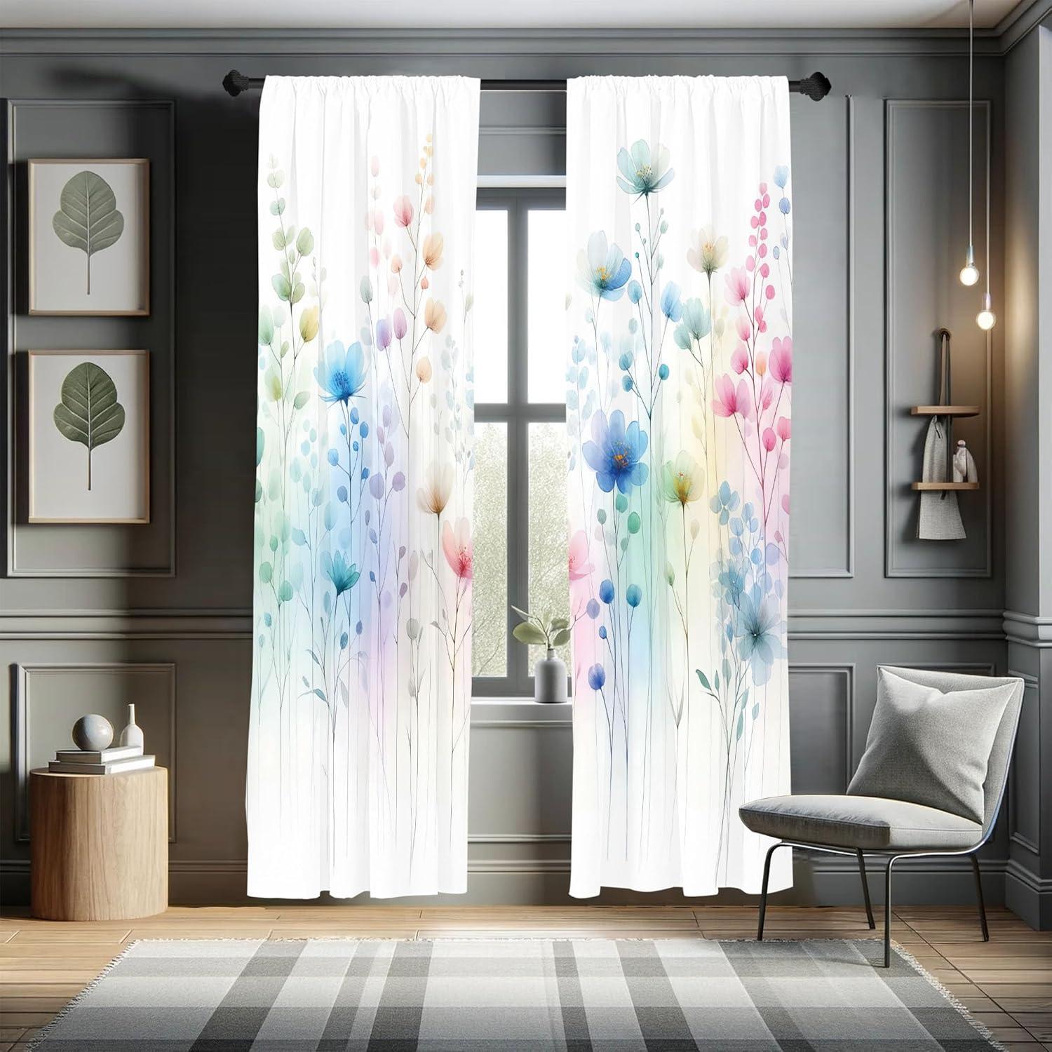 Floral Multicolor Microfiber Rod Pocket Curtain Panels, 28" x 84"