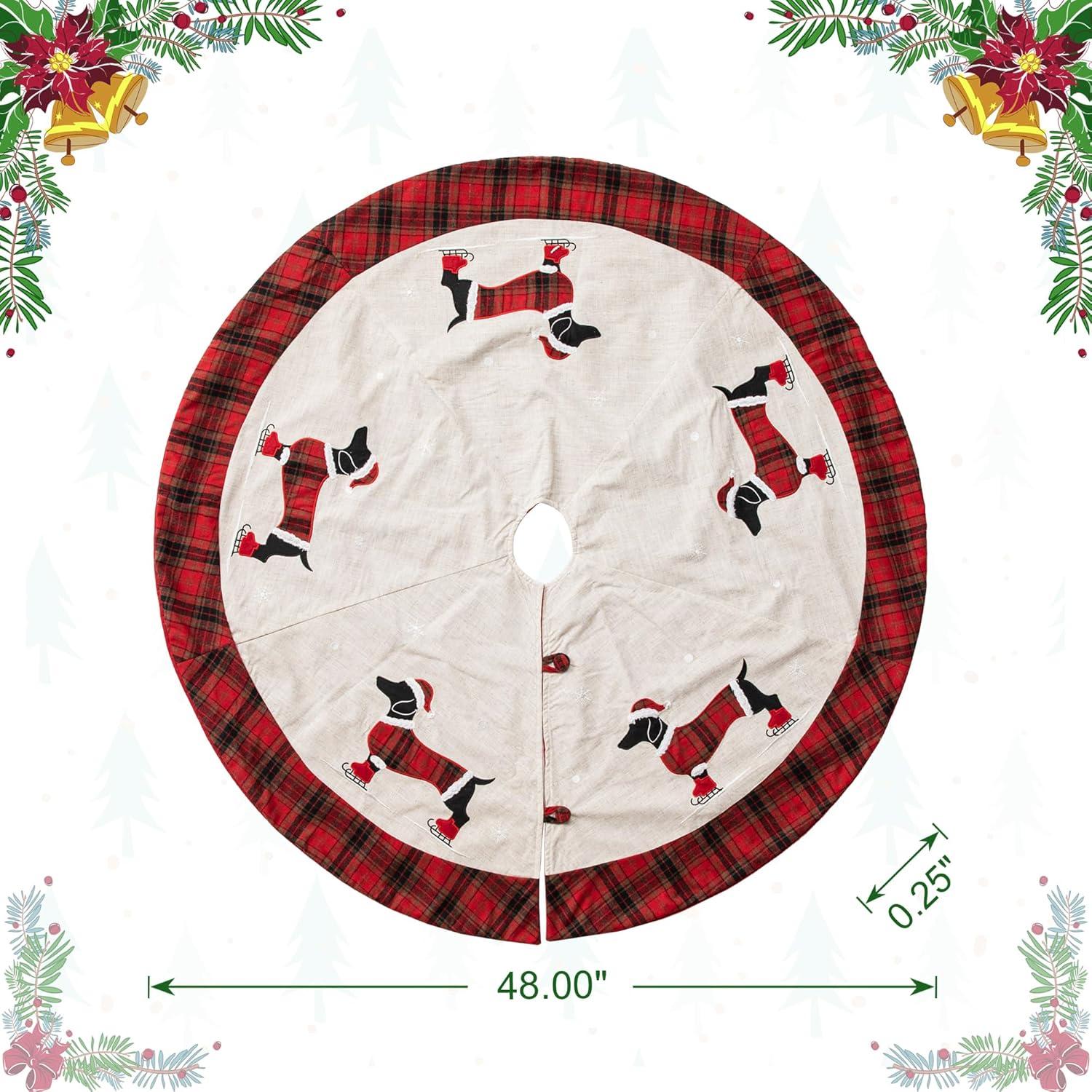 48" Embroidered Dachshund Christmas Tree Skirt with Plaid Edge