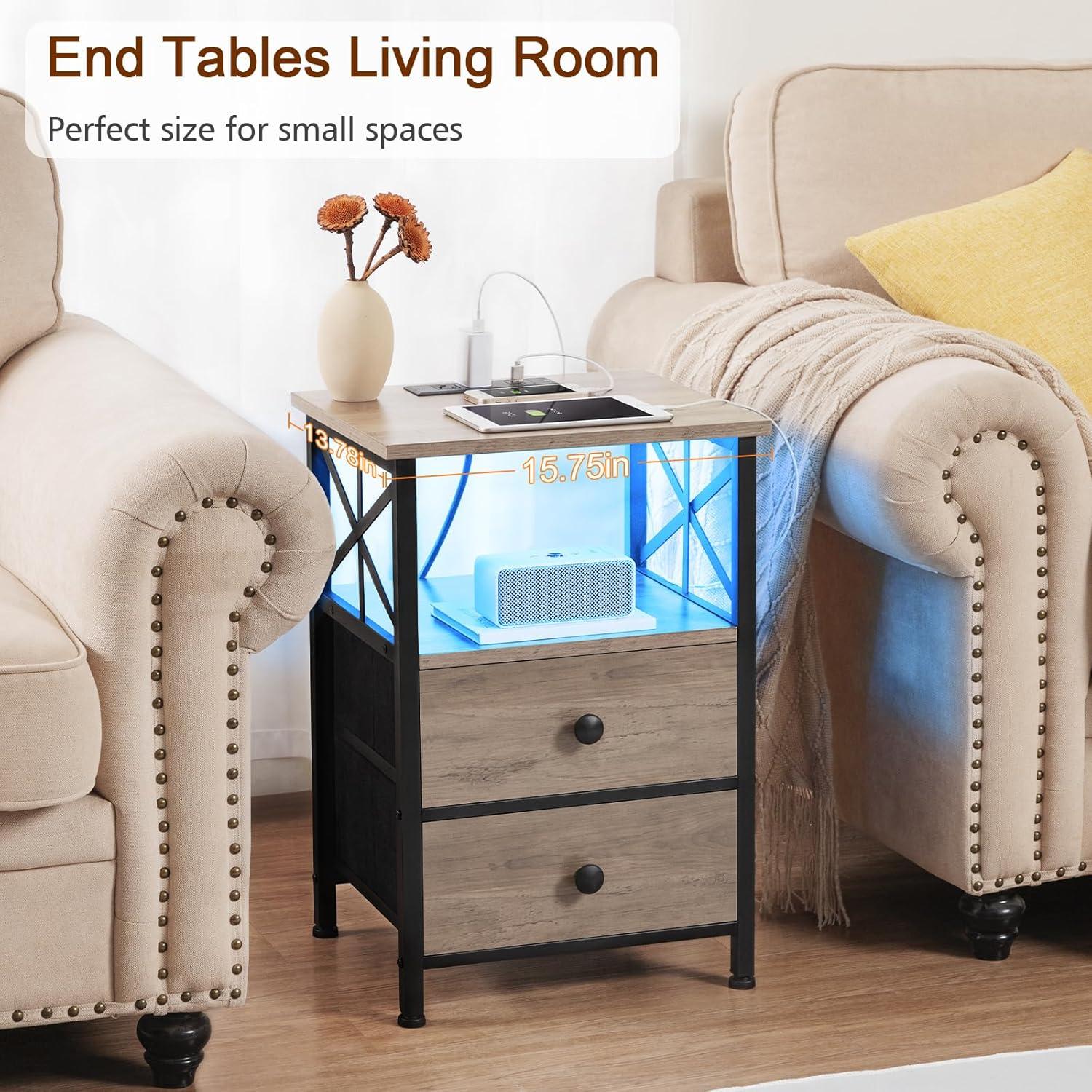 Greige Industrial Nightstand Set with LED and Charging Station