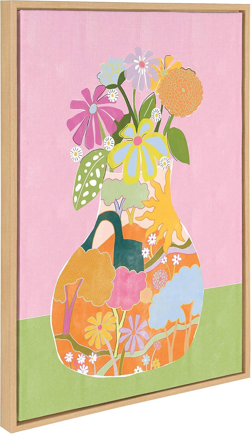 Whimsical Floral Vase Print on Canvas with Natural Frame