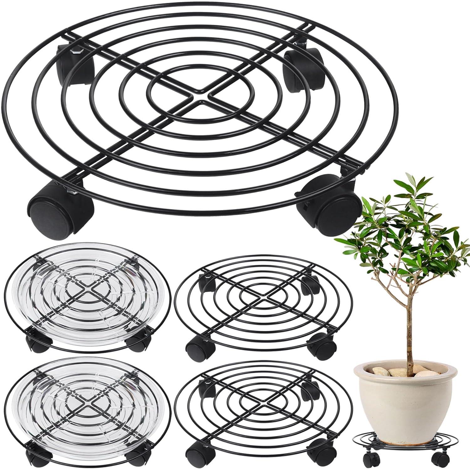 5 Packs Large Metal Plant Caddy 13.8” Plant Dolly with Wheels Heavy-Duty Wrought Iron Rolling Plant Stand with Casters for Indoor and Outdoor Plant Pot Rollers Black, Plastic Saucers Included