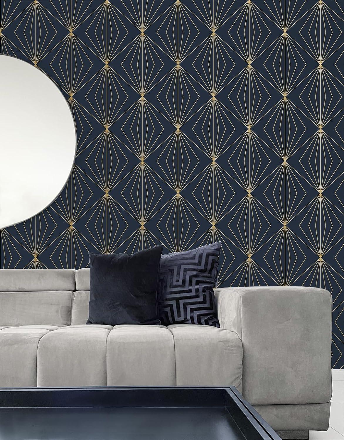 Dark Blue and Metallic Gold Geometric Peel and Stick Wallpaper