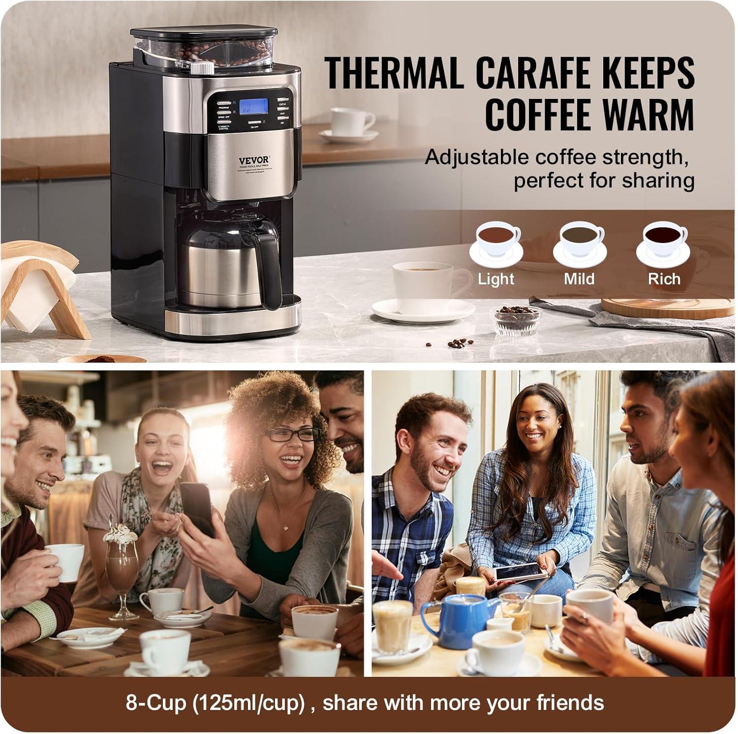 Grind and Brew Coffee Maker Machine, 8 Cup Capacity with 3 Brew Strength Options, Built in Timer for Auto Morning Brew, Ideal for Office Home Cafe, Black