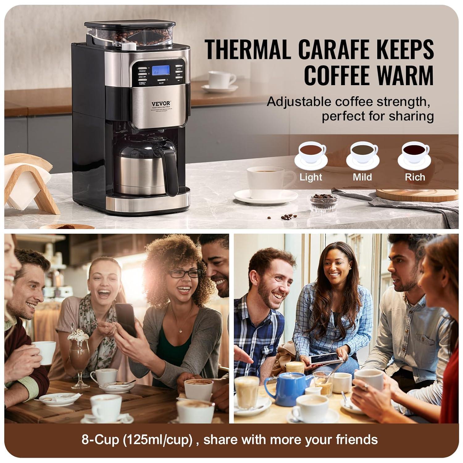 Grind and Brew Coffee Maker Machine, 8 Cup Capacity with 3 Brew Strength Options, Built in Timer for Auto Morning Brew, Ideal for Office Home Cafe, Black