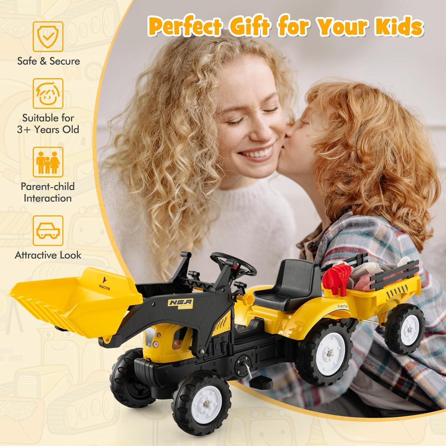 Yellow Pedal Ride-On Excavator with Detachable Trailer