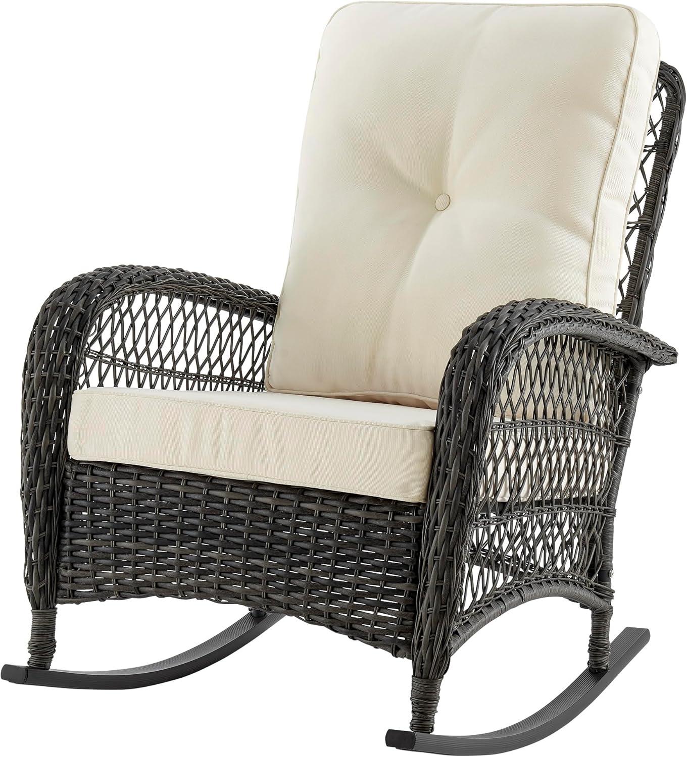 Cream Cushioned Steel Rattan Outdoor Rocking Chair