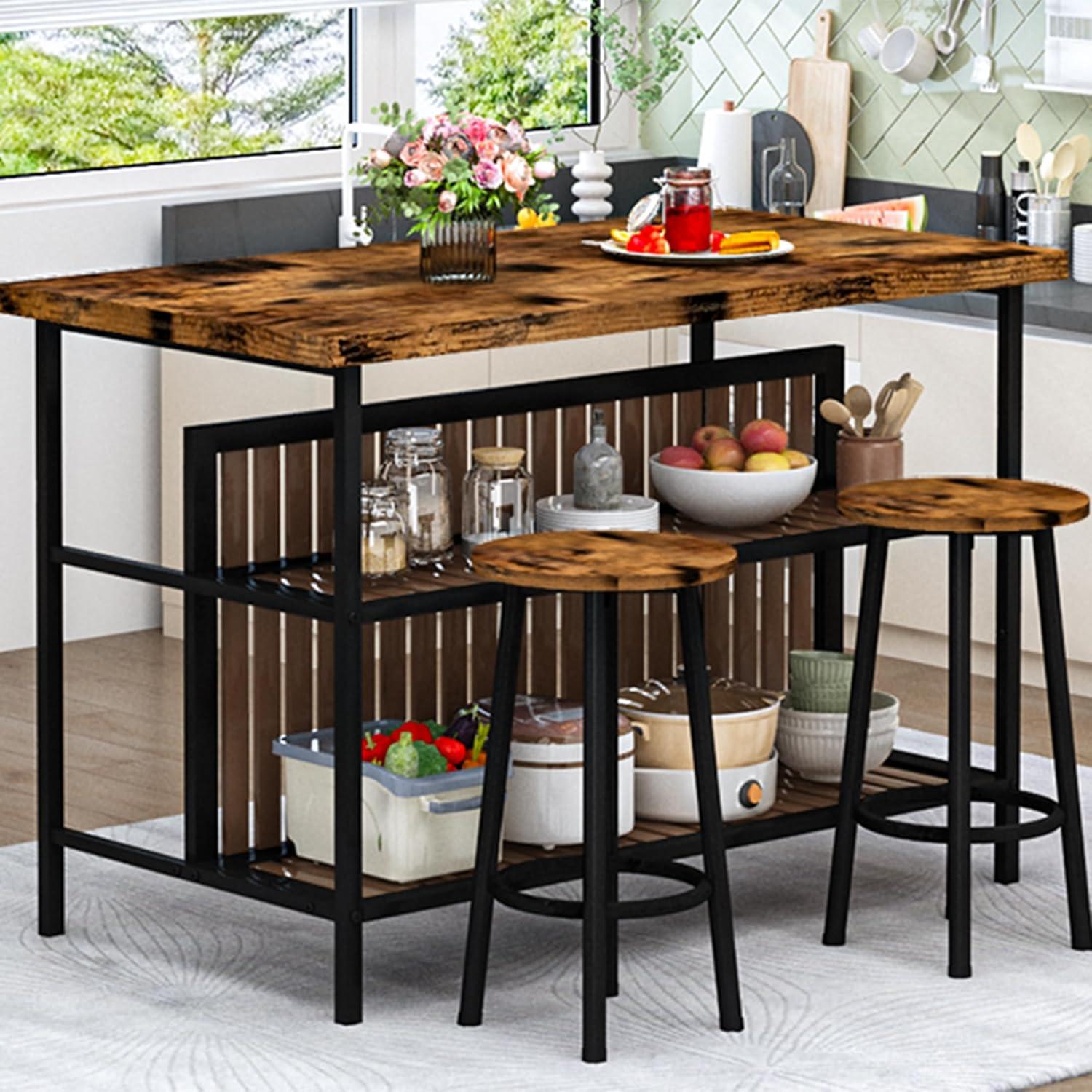 DKLGG Kitchen Island with Storage, 3 Piece Dining Table Set with 2 Tier Storage Shelves, Bar Table with Barstool, Sturdy Island Table with Chairs for Restaurant, Living Room