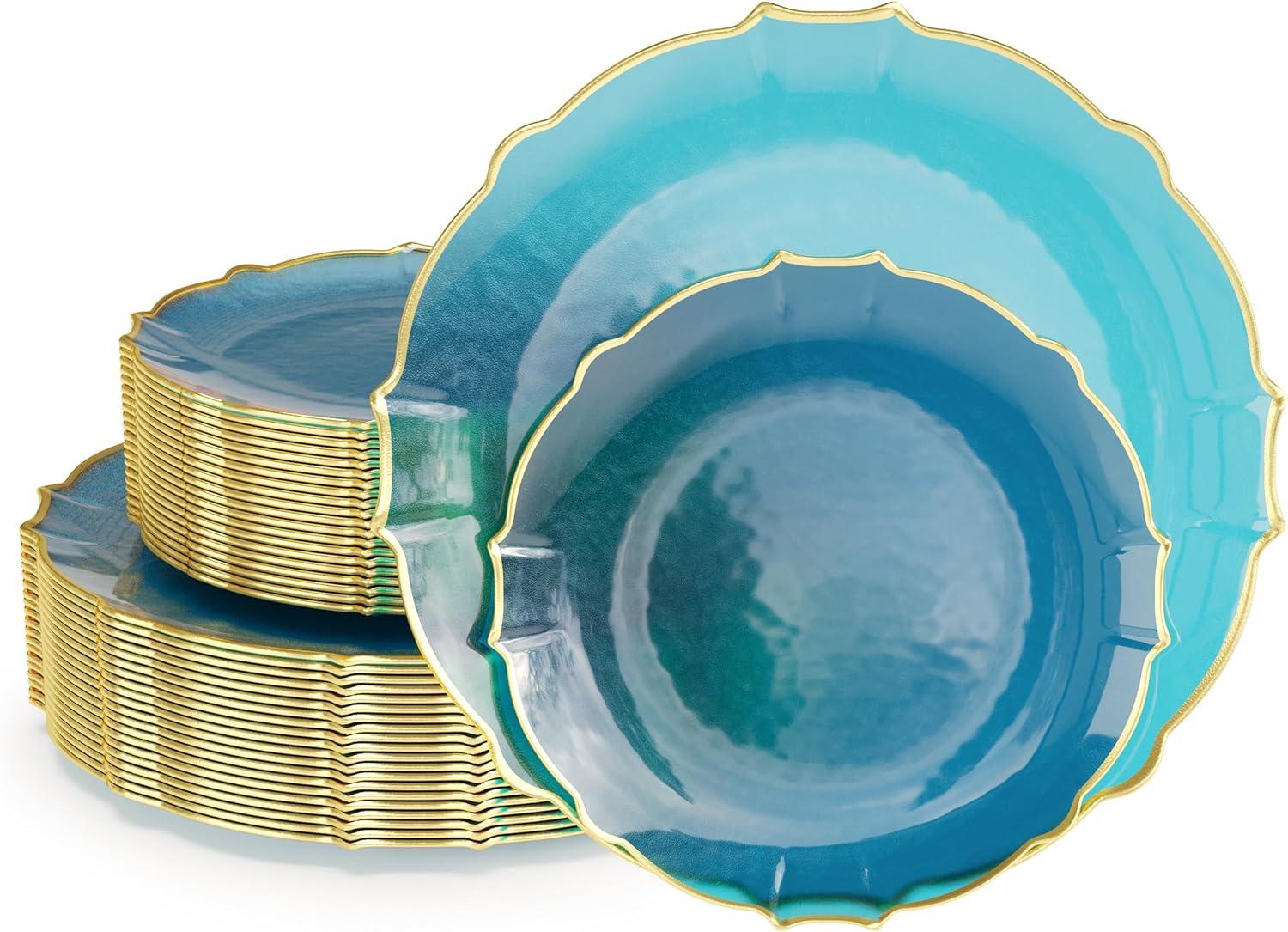 Trendables 40 Pieces Plastic Disposable Wedding Plates Set - 20 x 7.5" & 20 x 10" Thin & Delicate Peacock Tinted Petals Plates with Gold Rim-Serves 40