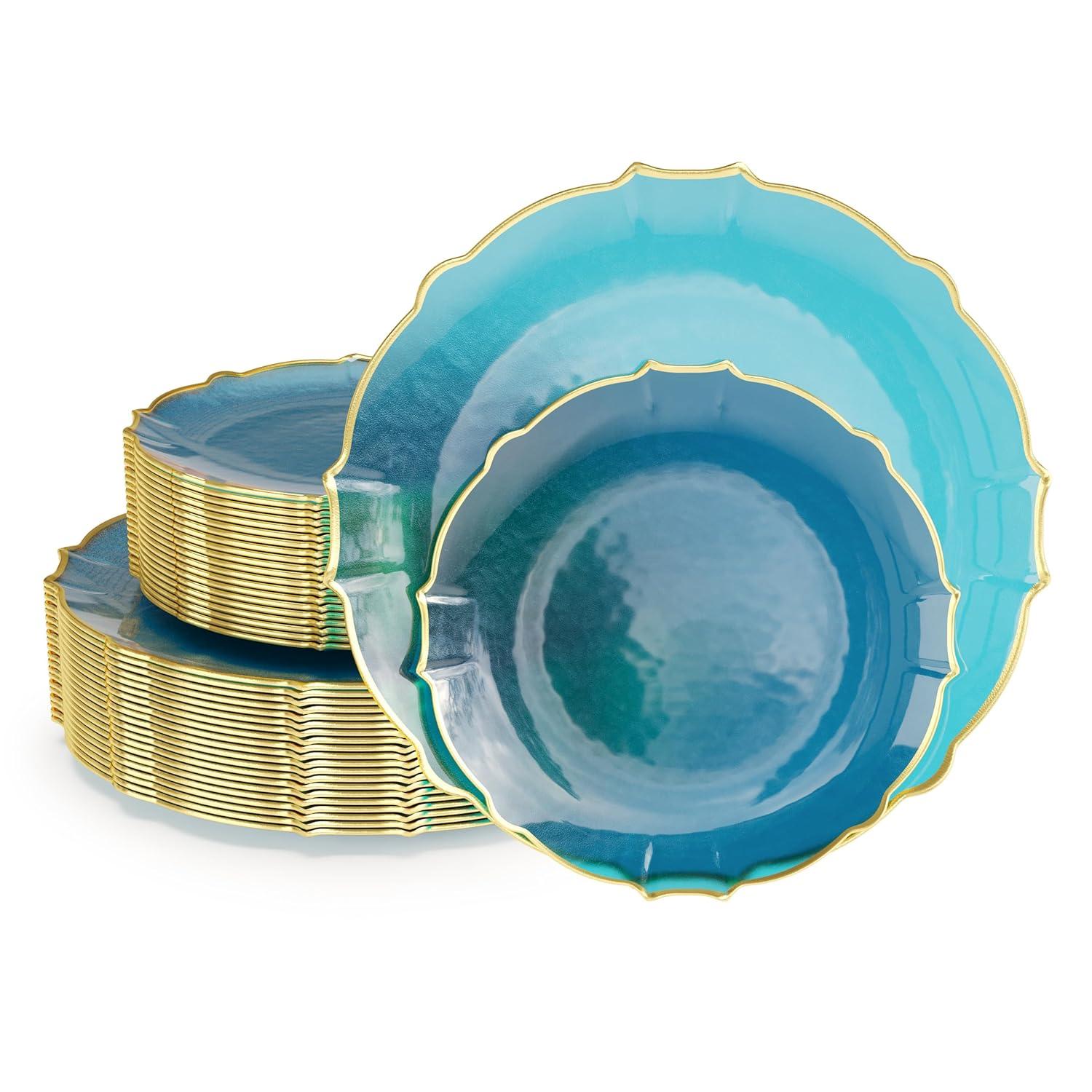 Trendables 40 Pieces Plastic Disposable Wedding Plates Set - 20 x 7.5" & 20 x 10" Thin & Delicate Peacock Tinted Petals Plates with Gold Rim-Serves 40