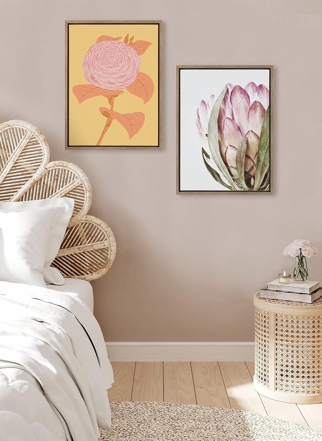 Kate and Laurel Sylvie Pink Protea Flower Framed Canvas Wall Art by Amy Peterson Art Studio, 18x24 Gold, Chic Floral Art Print for Wall