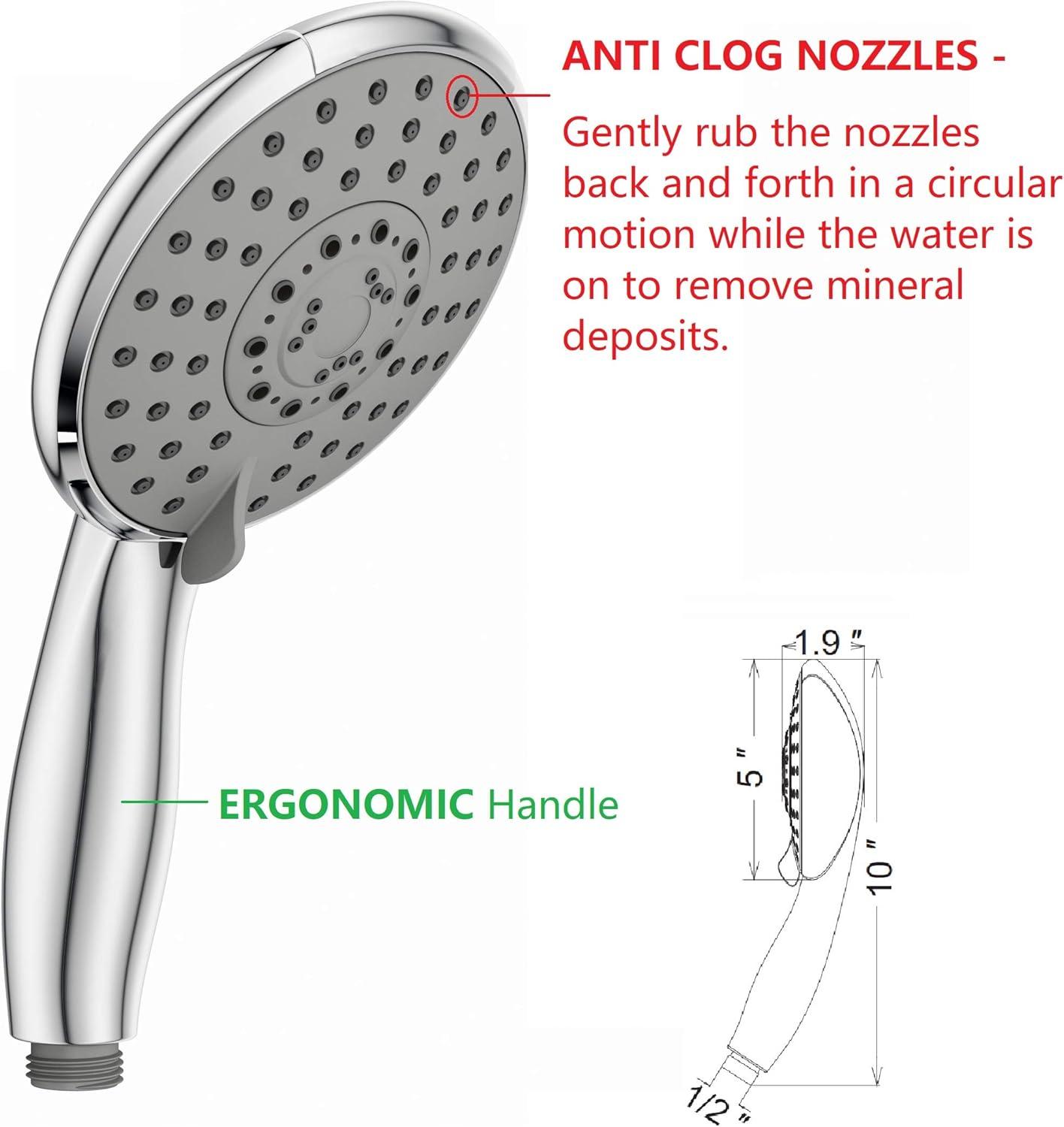 Ana Bath High-Pressure Anti-Clog 5-Inch 5- Setting Handheld Shower Head System + 96-Inch Stainless Steel Shower Hose (Chrome)