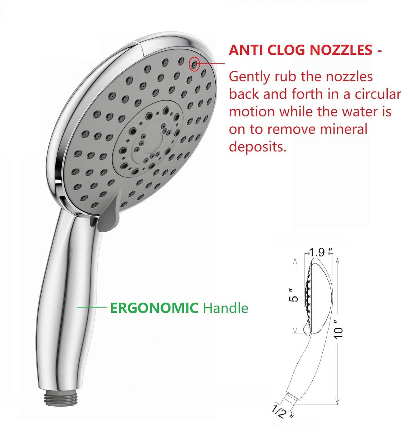 Ana Bath High-Pressure Anti-Clog 5-Inch 5- Setting Handheld Shower Head System + 96-Inch Stainless Steel Shower Hose (Chrome)