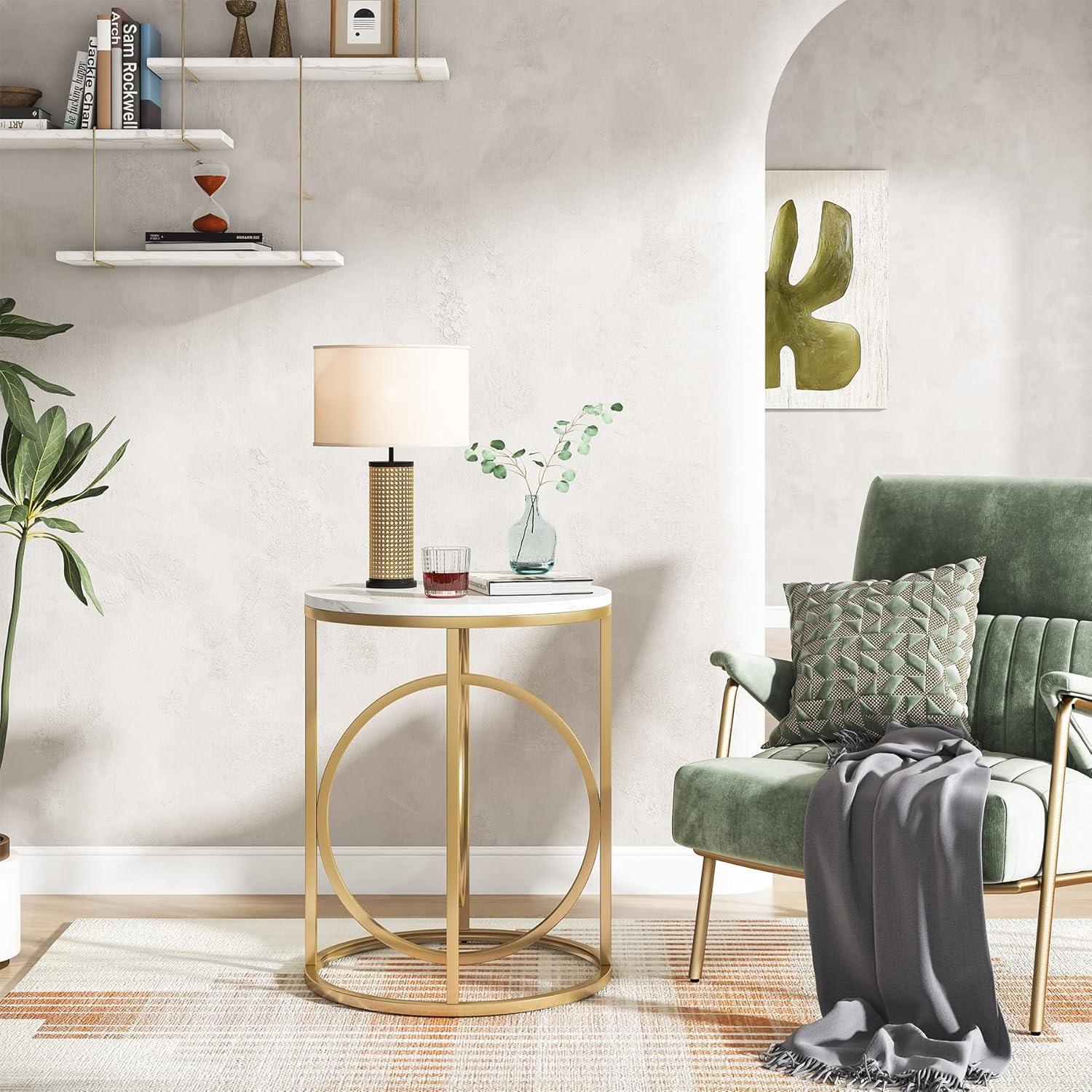 Tribesigns Morden Round End Table with Faux Marble White Top, 20" Sofa Side Table Coffee Table Cocktail Table with Unique Gold O-shaped Base for Living Room Bedroom