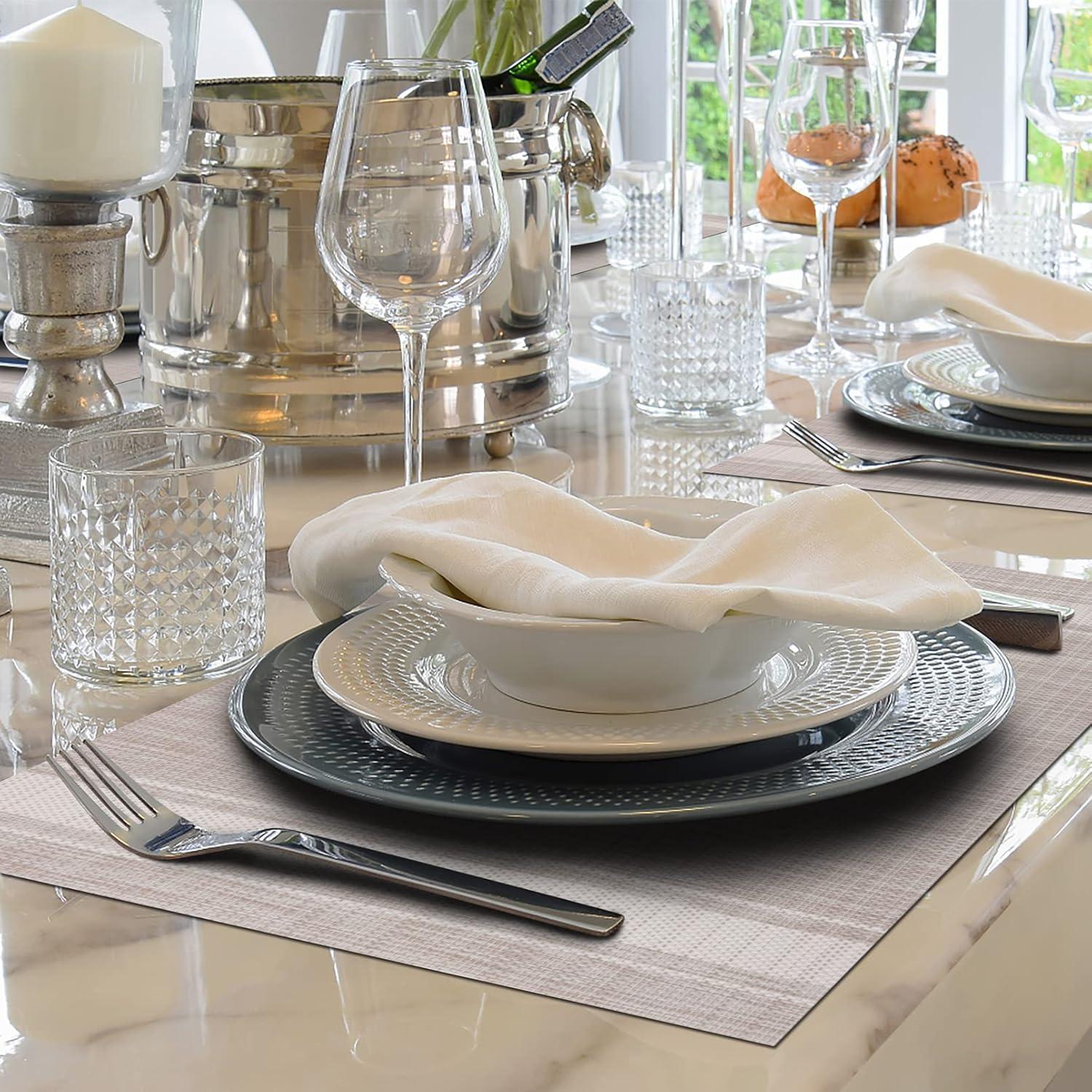 Set of 8 Heat-Resistant Placemats Stain Resistant Anti-Skid Placemats for Kitchen Table, Washable Durable PVC Table Mats Woven Vinyl Placemats Beige