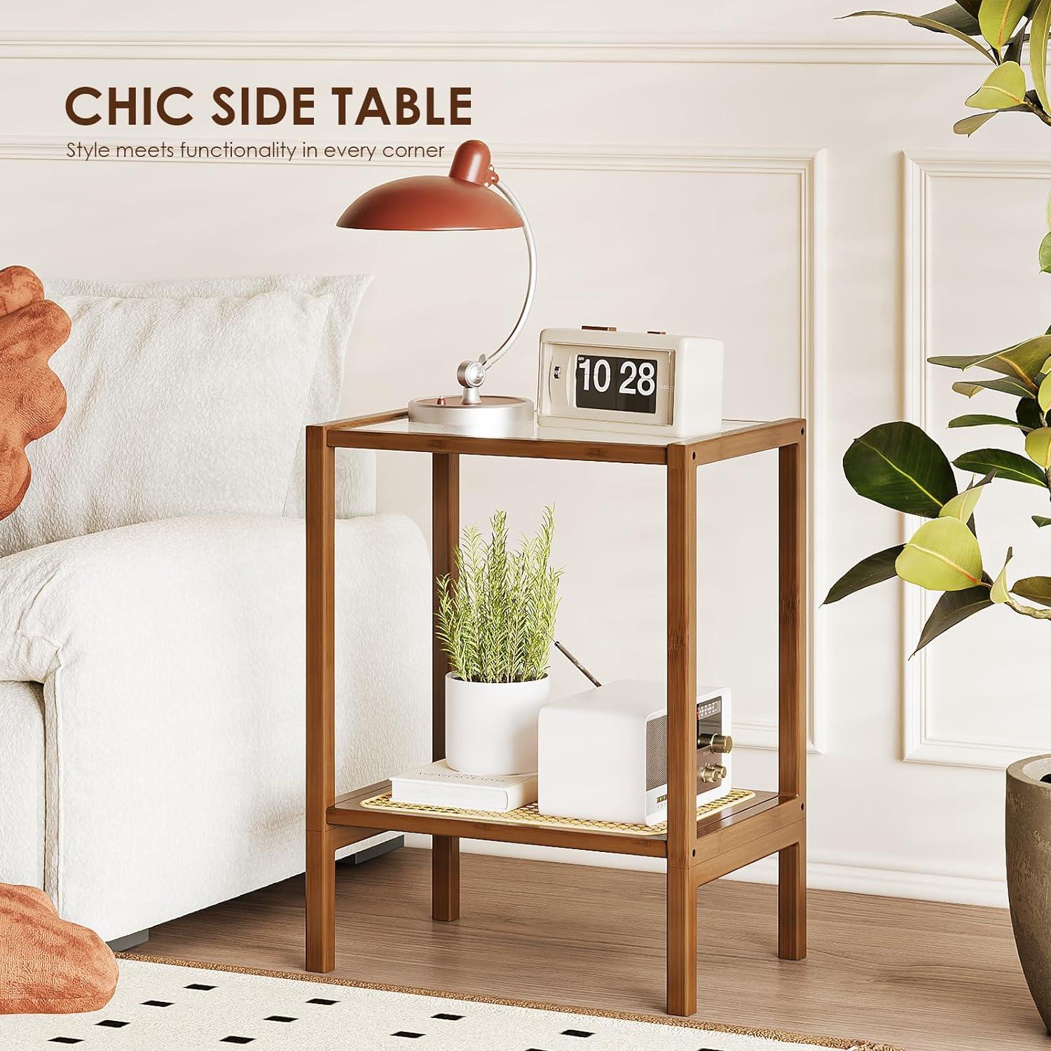 Bamboo and Glass 2-Tier Rattan Side Table