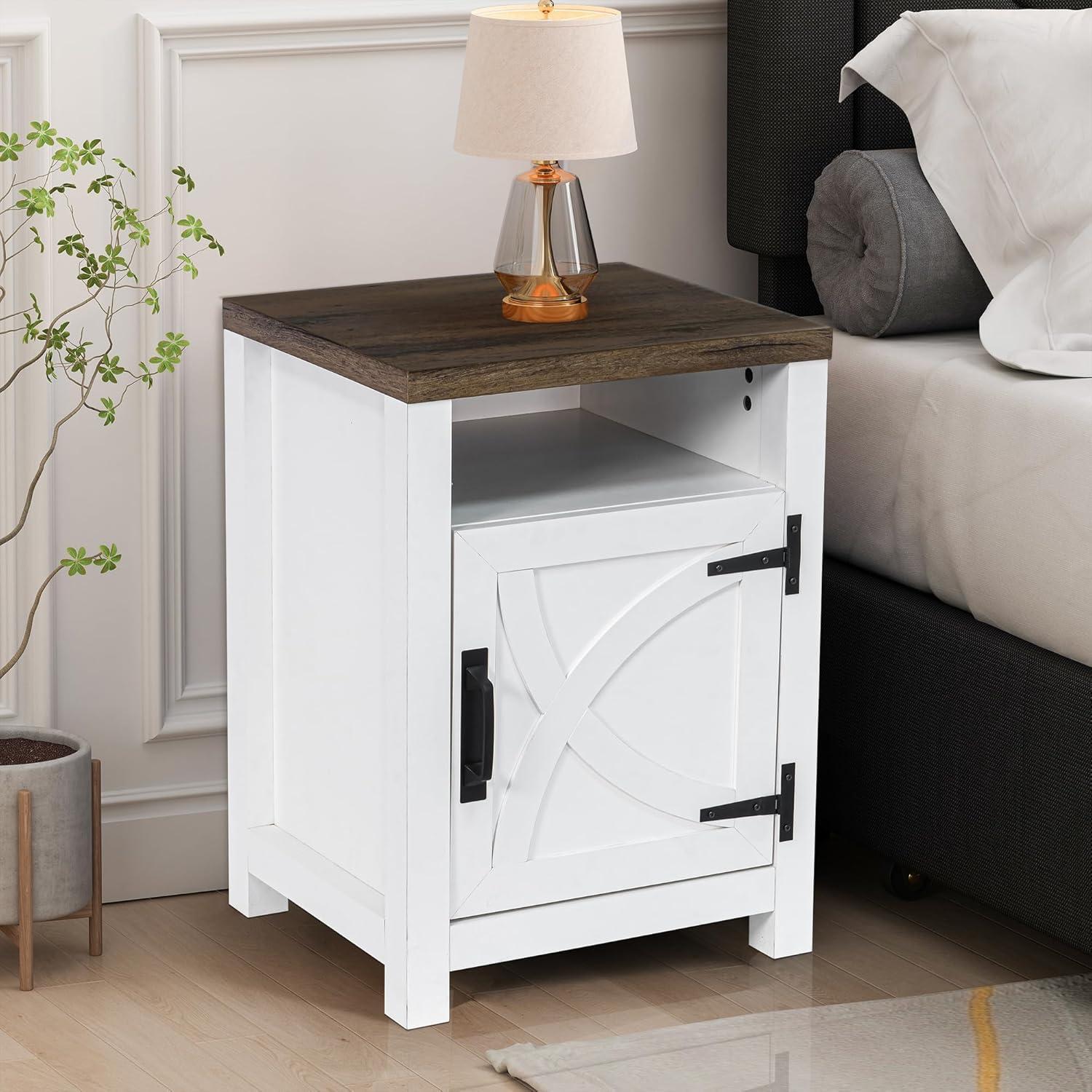 Wood Nightstands with Charging Station End Table Bedside Tables with Barn Door