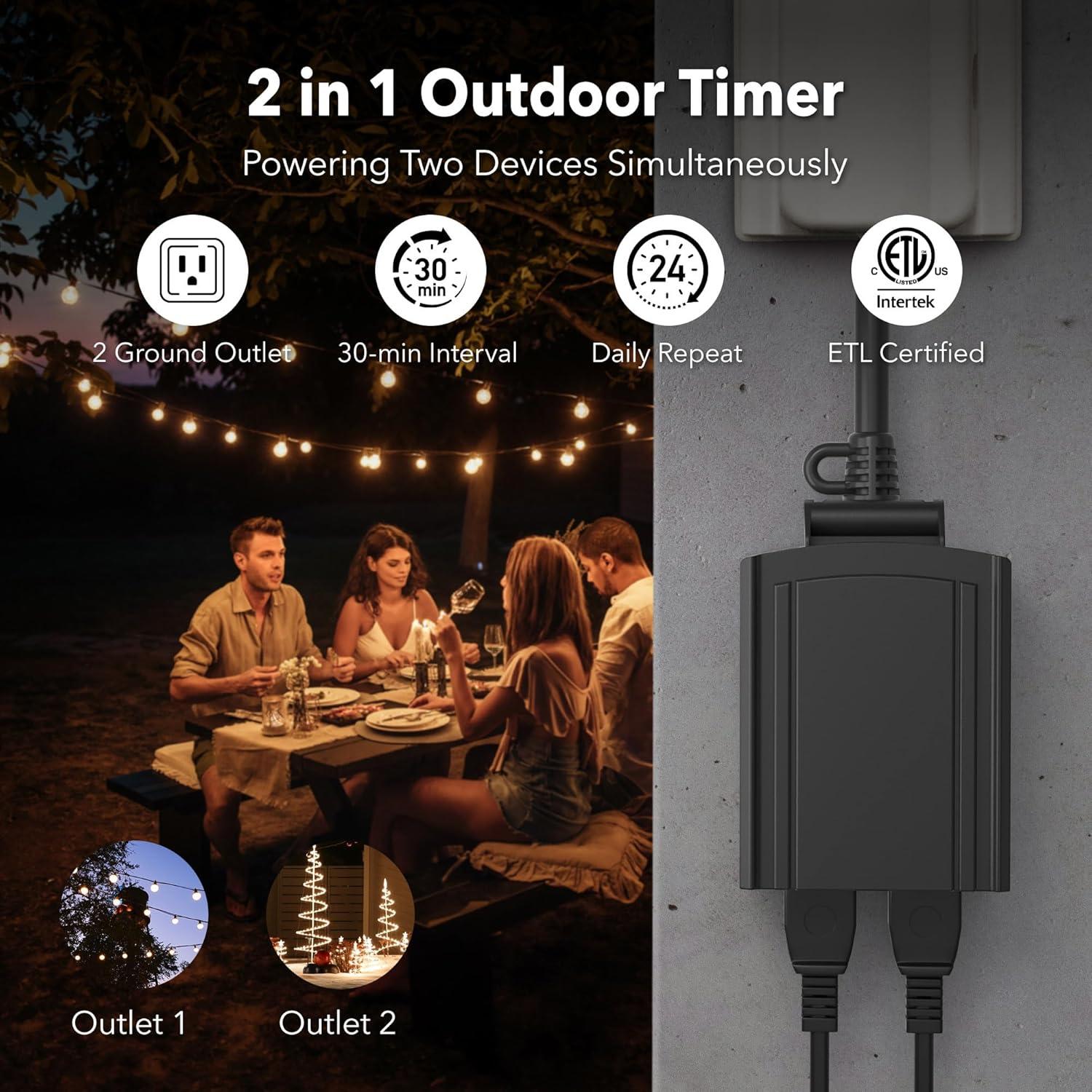 BN-LINK Compact Outdoor Mechanical Timer, 24 Hour Programmable Dual Outlet Timer - Plug in, Waterproof, Heavy Duty, For Lamps Christmas Lights