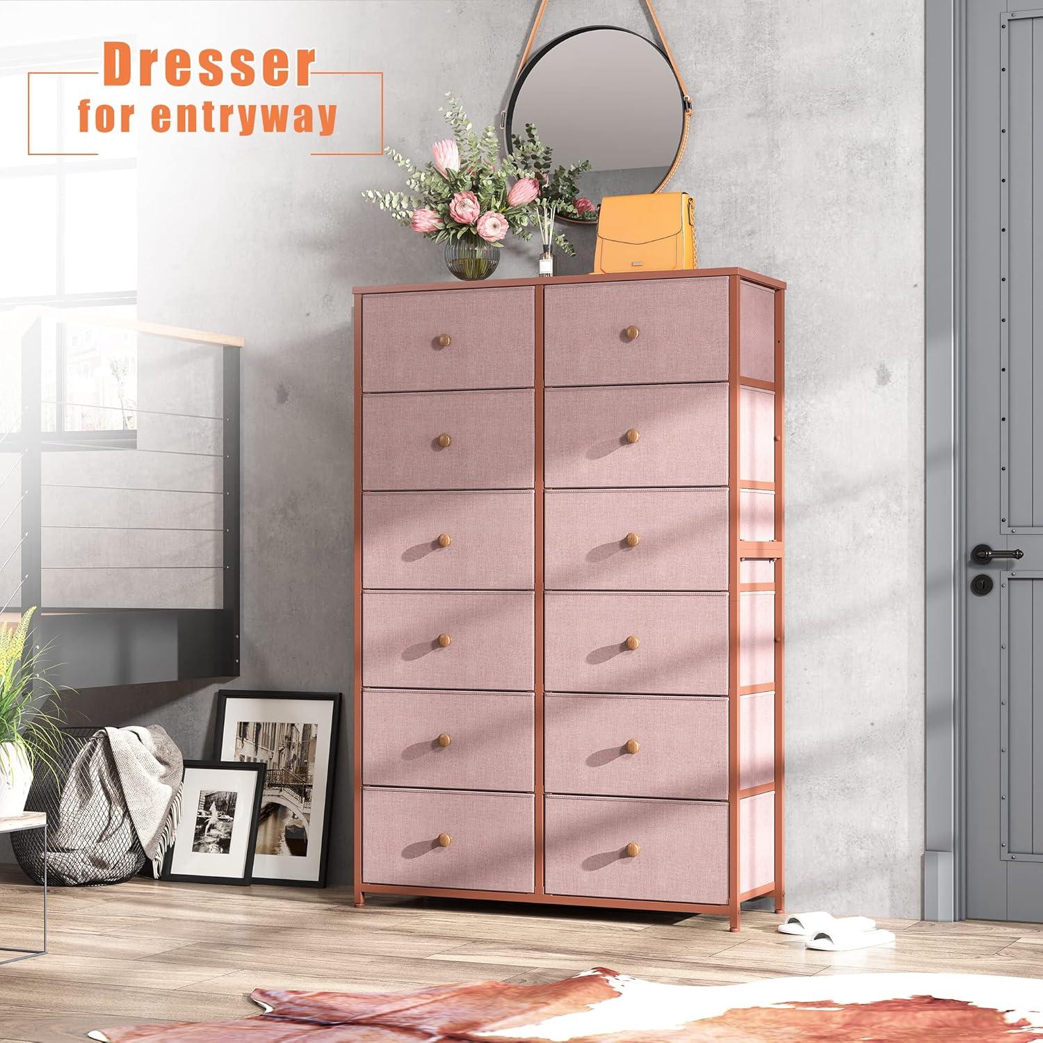 U-SHARE Pink Dresser for Girls Bedroom with 12 Drawers, Dresser for Bedroom with Sturdy Metal Frame and Wooden Top, Bedroom Dressers & Chests of Drawers for Bedroom, Nursery, Closet, Pink