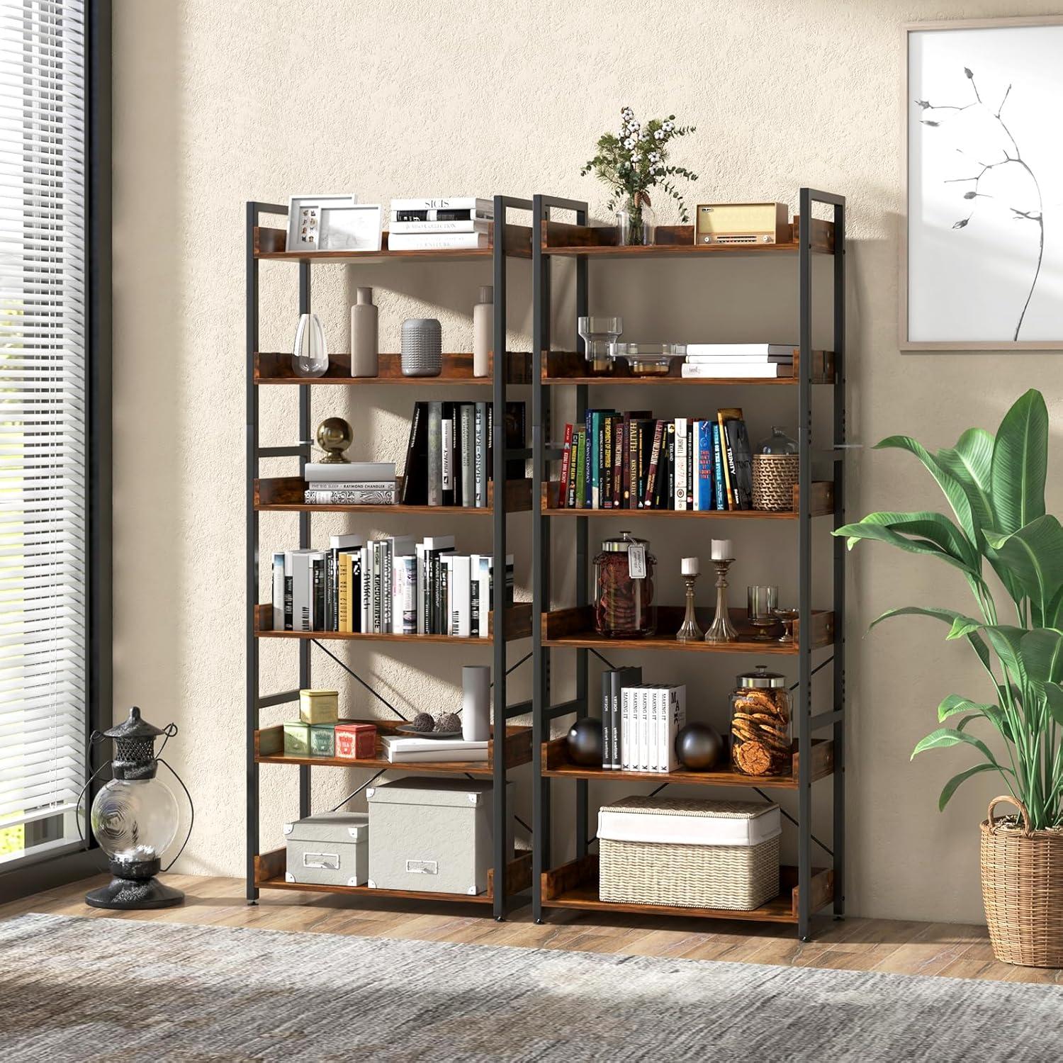 Costway 6-Tier Bookshelf Open Display Shelves Storage Rack Metal Frame with 4 Hooks Rustic