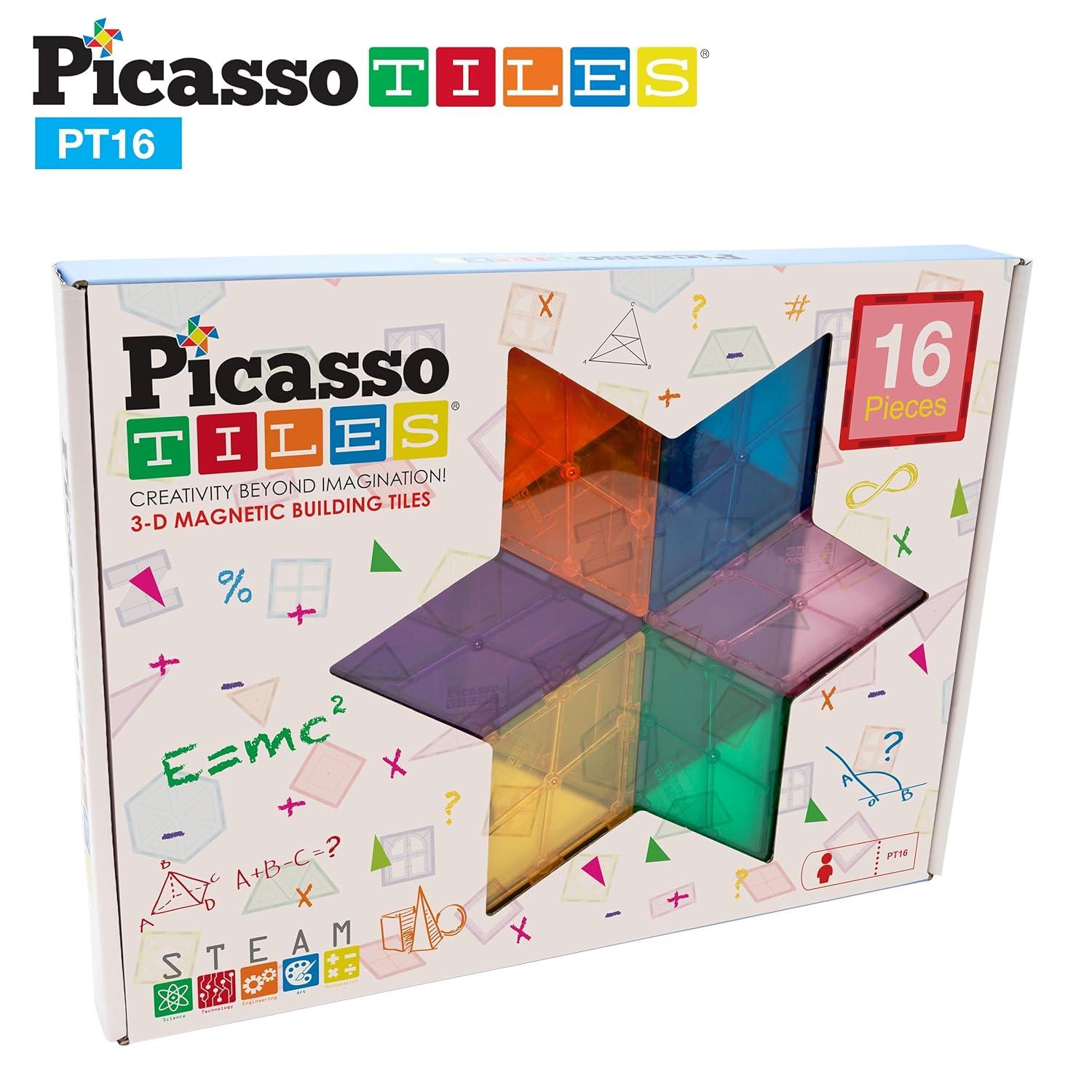 PICASSO-TILES 16 PC Magnetic Tiles, Magnetic Building Blocks for Kids, Magnet for Kids 3+