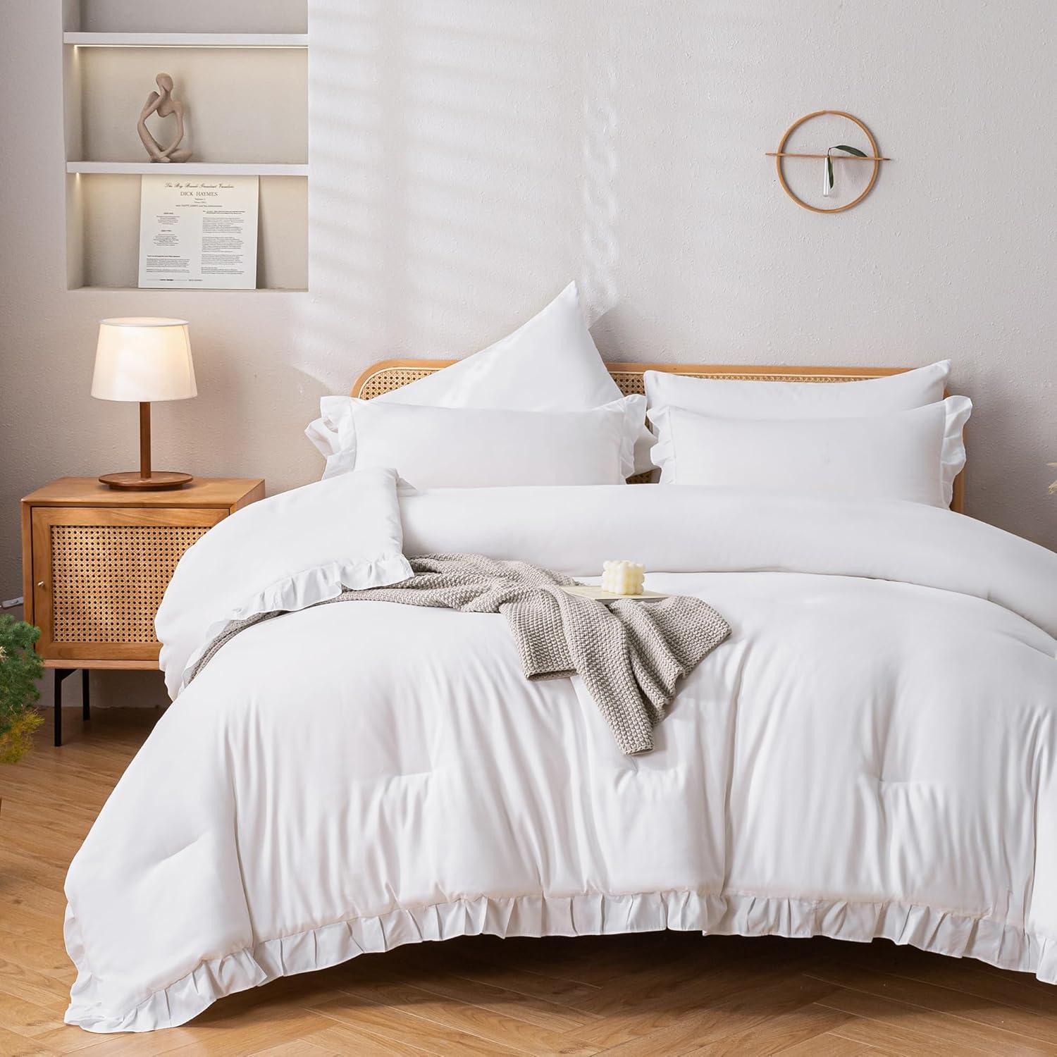 White Microfiber Queen Ruffle Comforter Set with Pillowcases