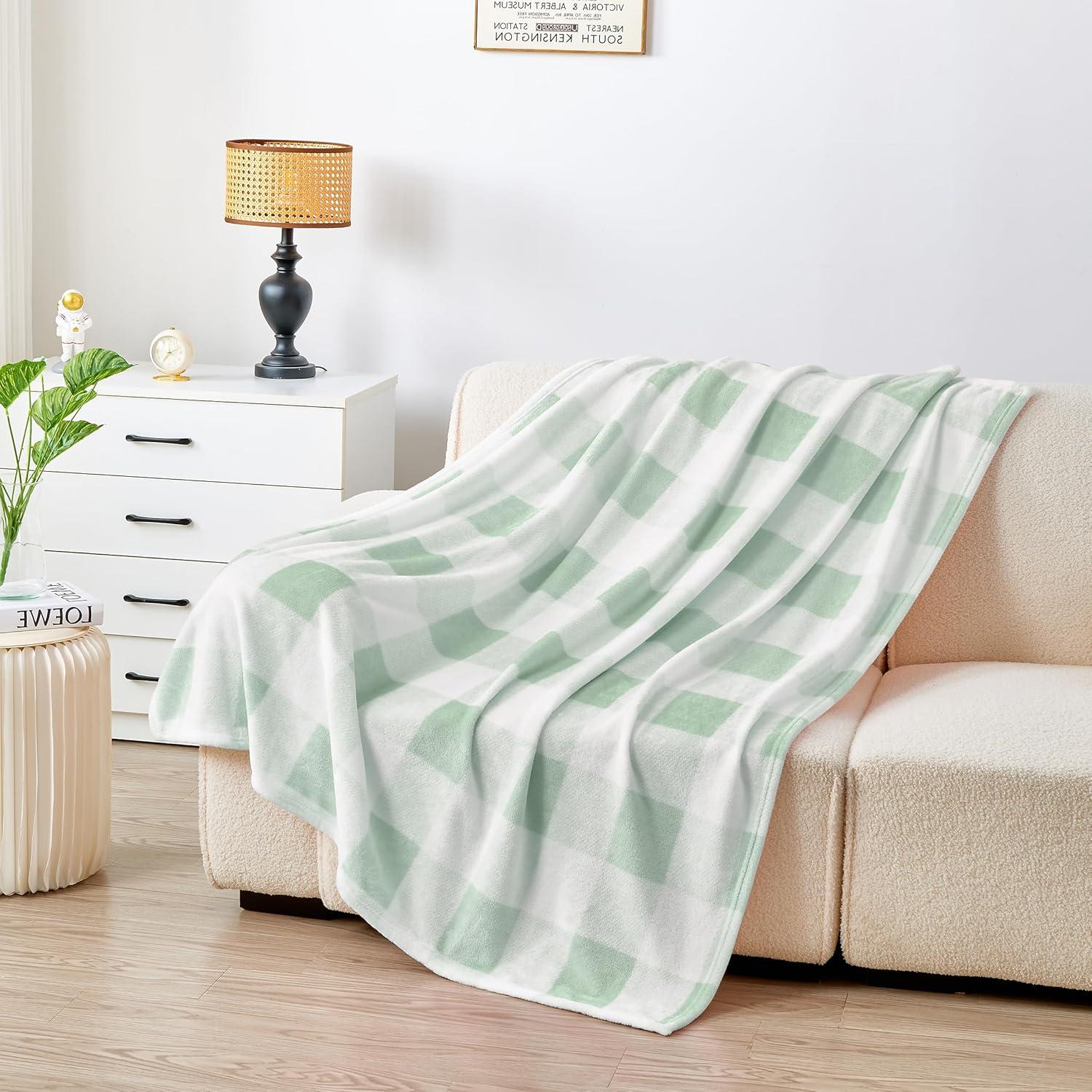 Mellowdy Checkered Flannel Throw Blanket (Iceberg Green, 50x60 inches) - Farmhouse, Vintage