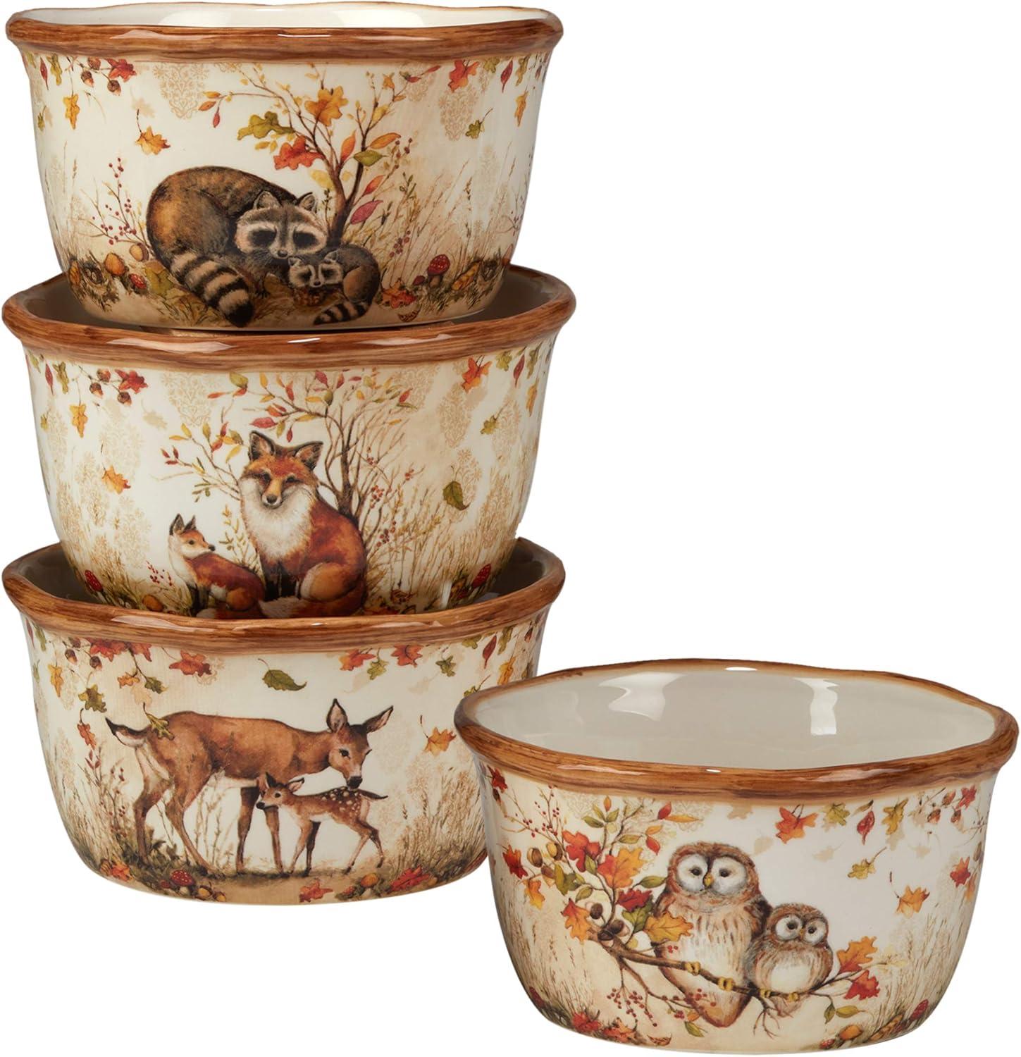 Pine Forest Ceramic Dinnerware Set with Forest Critters, Service for 4