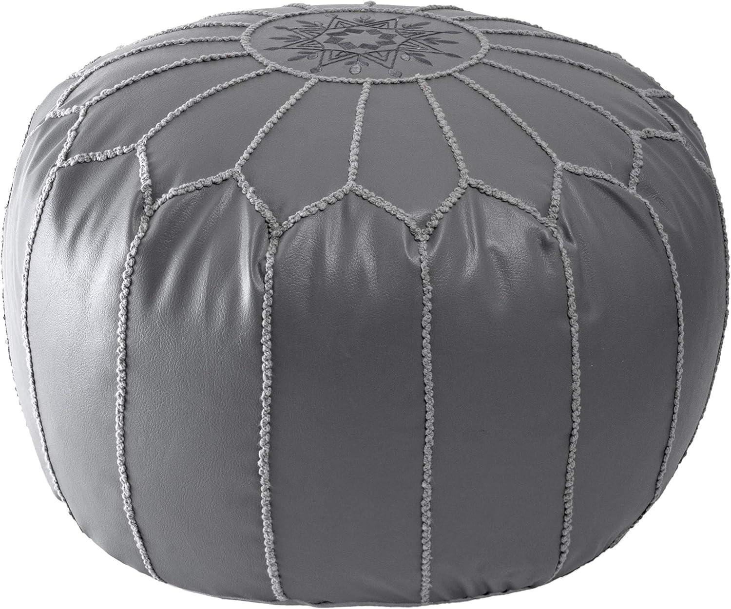 Gray Round Faux Leather Moroccan Ottoman Pouf