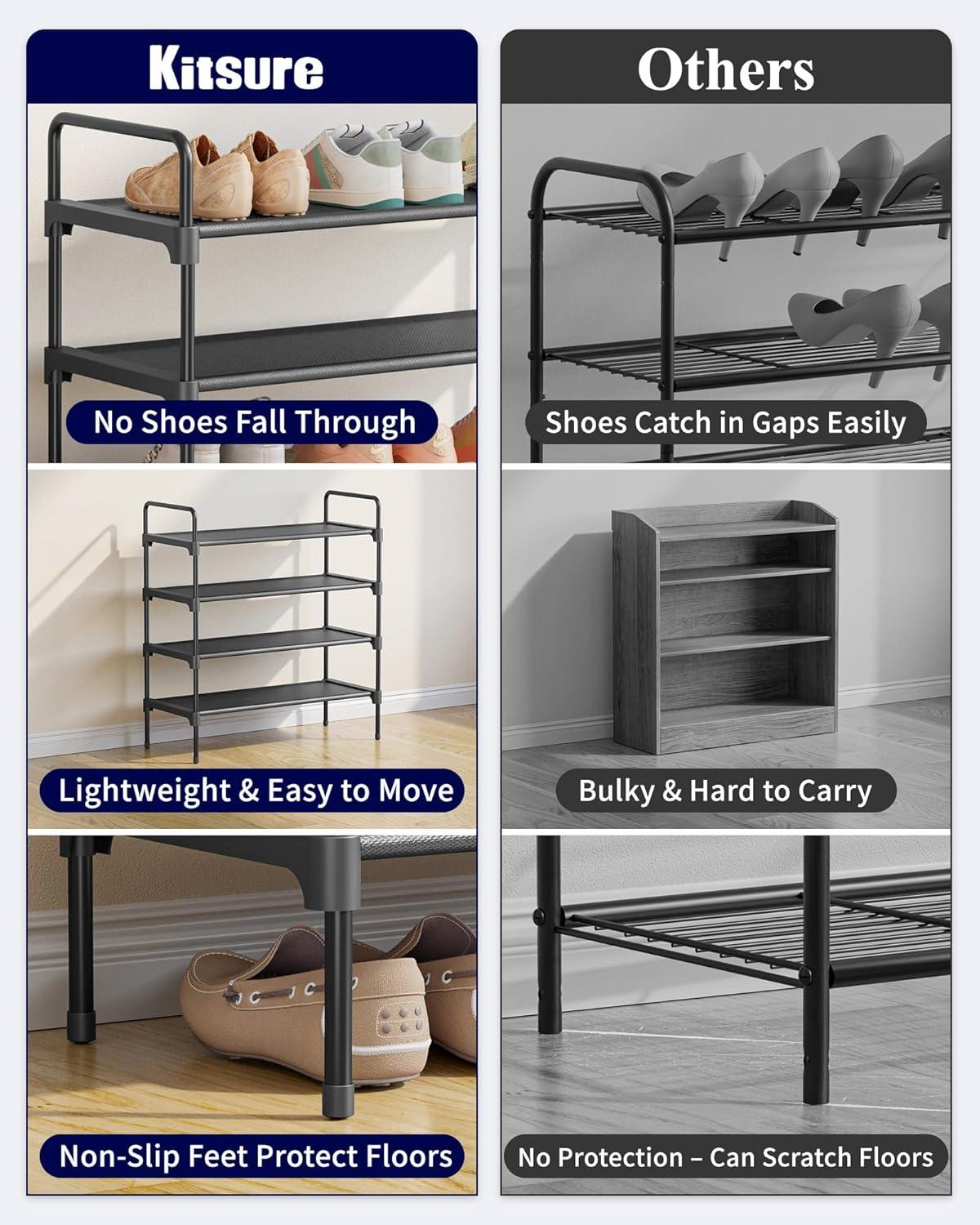 Kitsure 4-Tier Shoe Rack - Metal Shoe Organizer and Shoe Shelf with Handle, Easy-Assembly, Sturdy Shoe Rack for Closet, Entryway, Bedroom (Black, 26.6'' x 11.4'' x 29.5'')