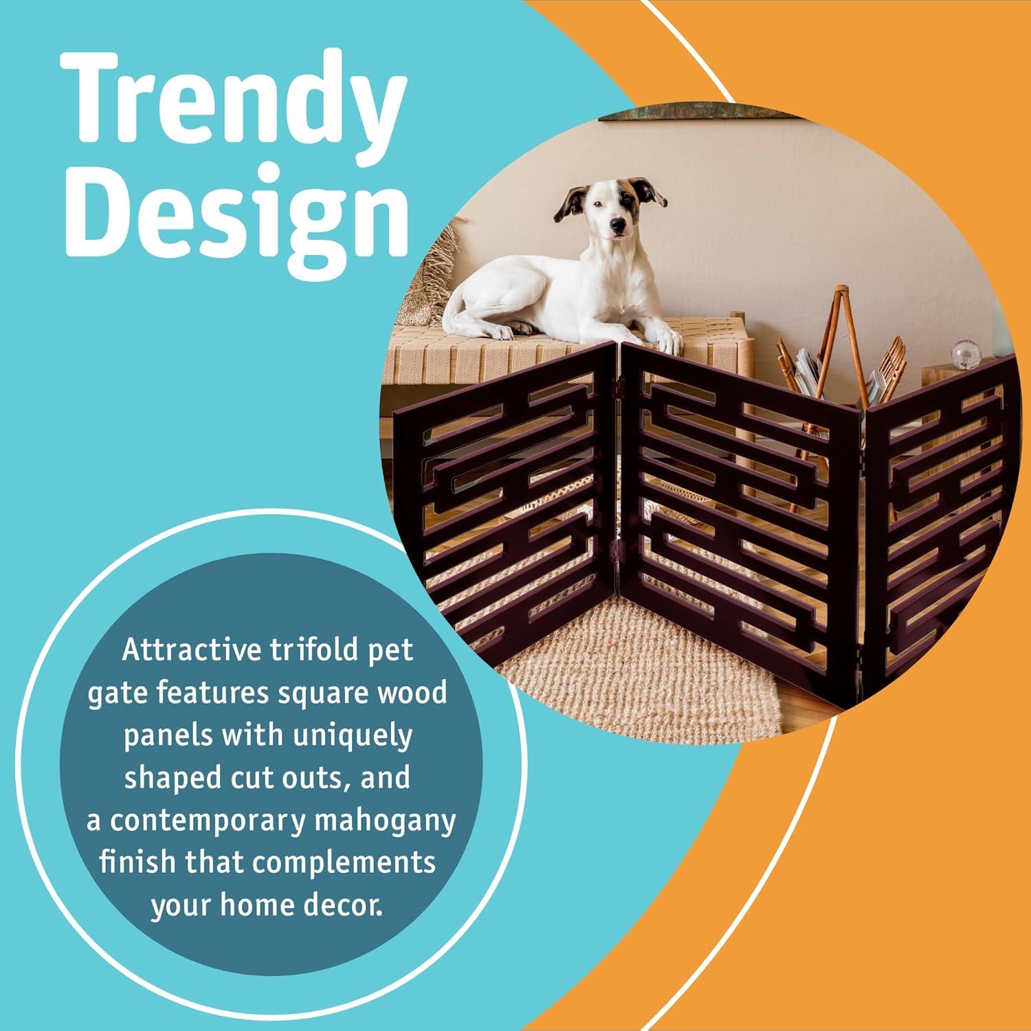 Etna 3-Panel Wooden Pet Gate, Avant Garde Design, Mahogany - Tri Fold Dog Gates for Doorways, Stairs, Puppy Safety - Free Standing Pet Barrier for Indoor/Outdoor Use - 47.5" Wide x 19" Tall