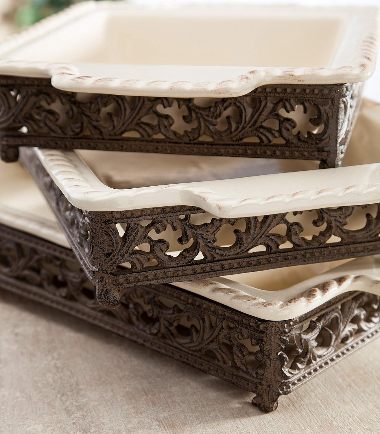 Elegant Acanthus Scrolled Leaf Small Ceramic Baker, Cream, 9 inch by 9 inch