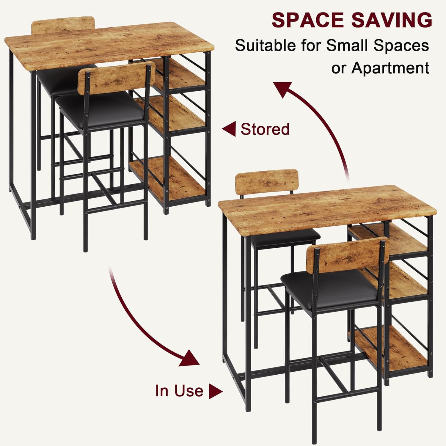 Whizmax Bar Table Set for 2 with Footrest, Kitchen Dining Table with 2 Upholstered Chairs, Small Space Counter Height Barstools for Counter Bar, Brown