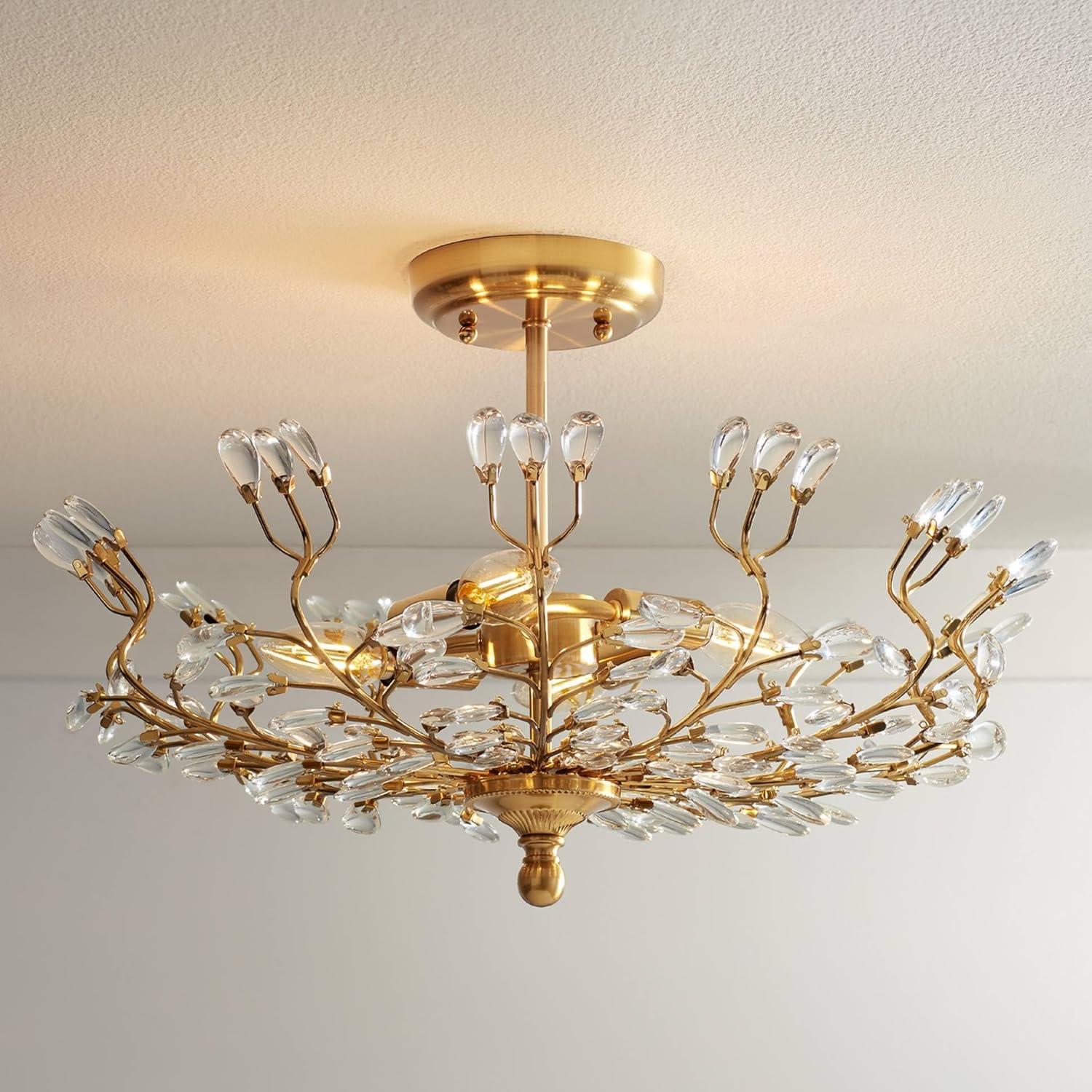 Vienna Full Spectrum Brielle Modern Ceiling Light Semi Flush Mount Fixture 18 1/2" Wide Brass Vine Leaf 4-Light Clear Crystal Glass for Bedroom House