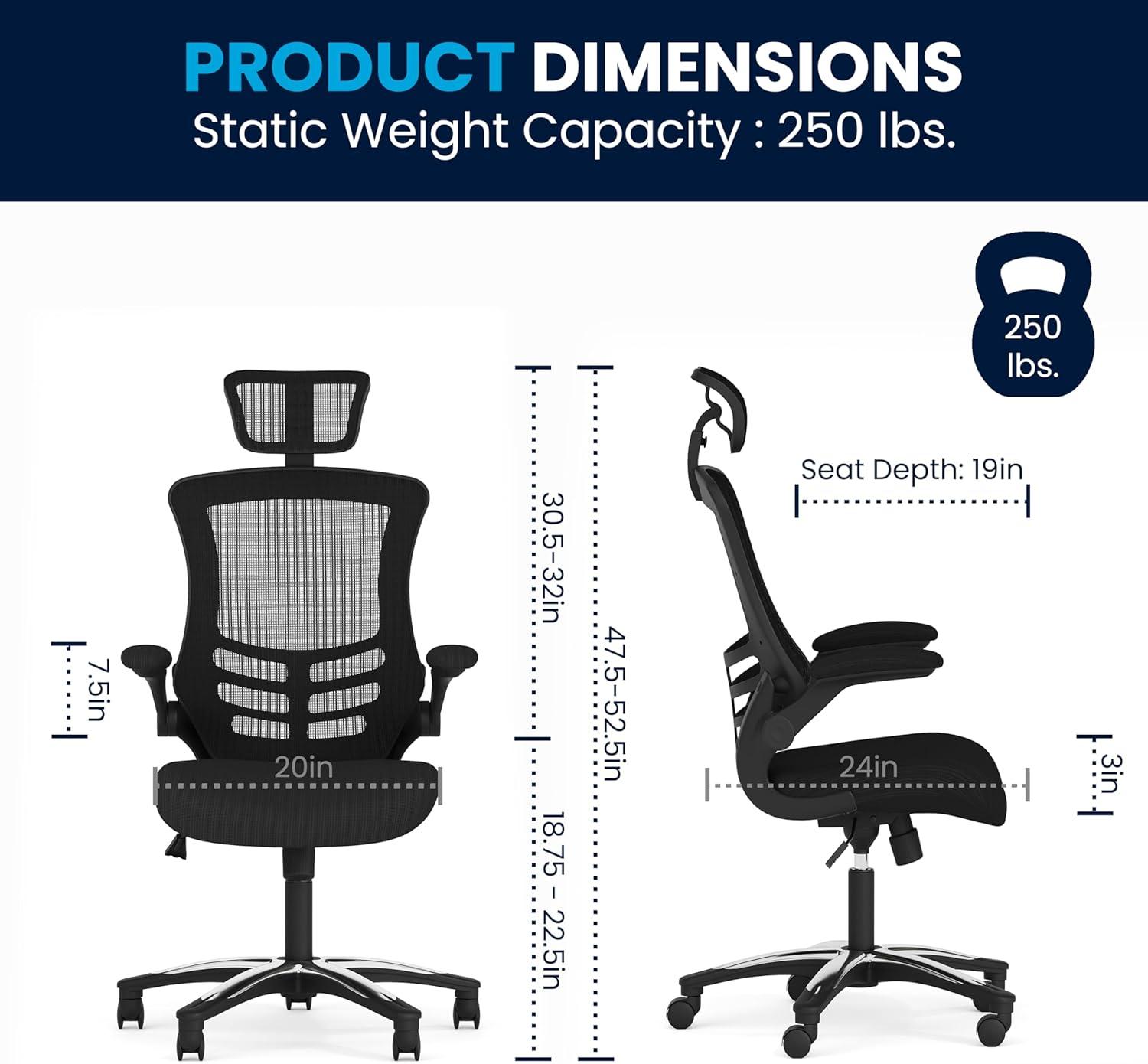 Flash Furniture Kelista High-Back Black Mesh Swivel Ergonomic Executive Office Chair with Flip-Up Arms and Adjustable Headrest