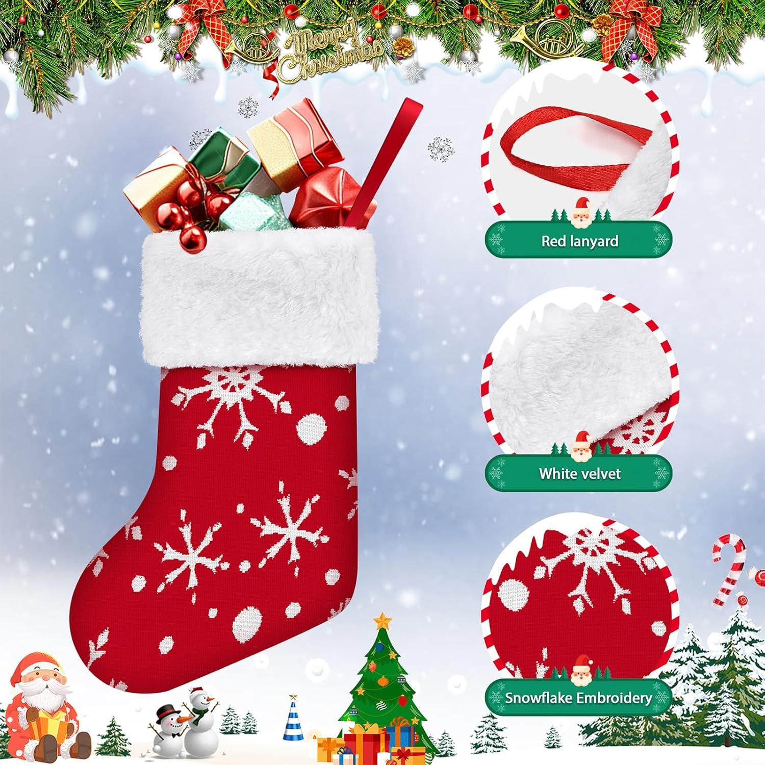 Classic Christmas Stocking. Snowflakes with White Plush Trim. Perfect for Home Decoration, Gift Display and Added Holiday Spirit. (12PC; Small 10")